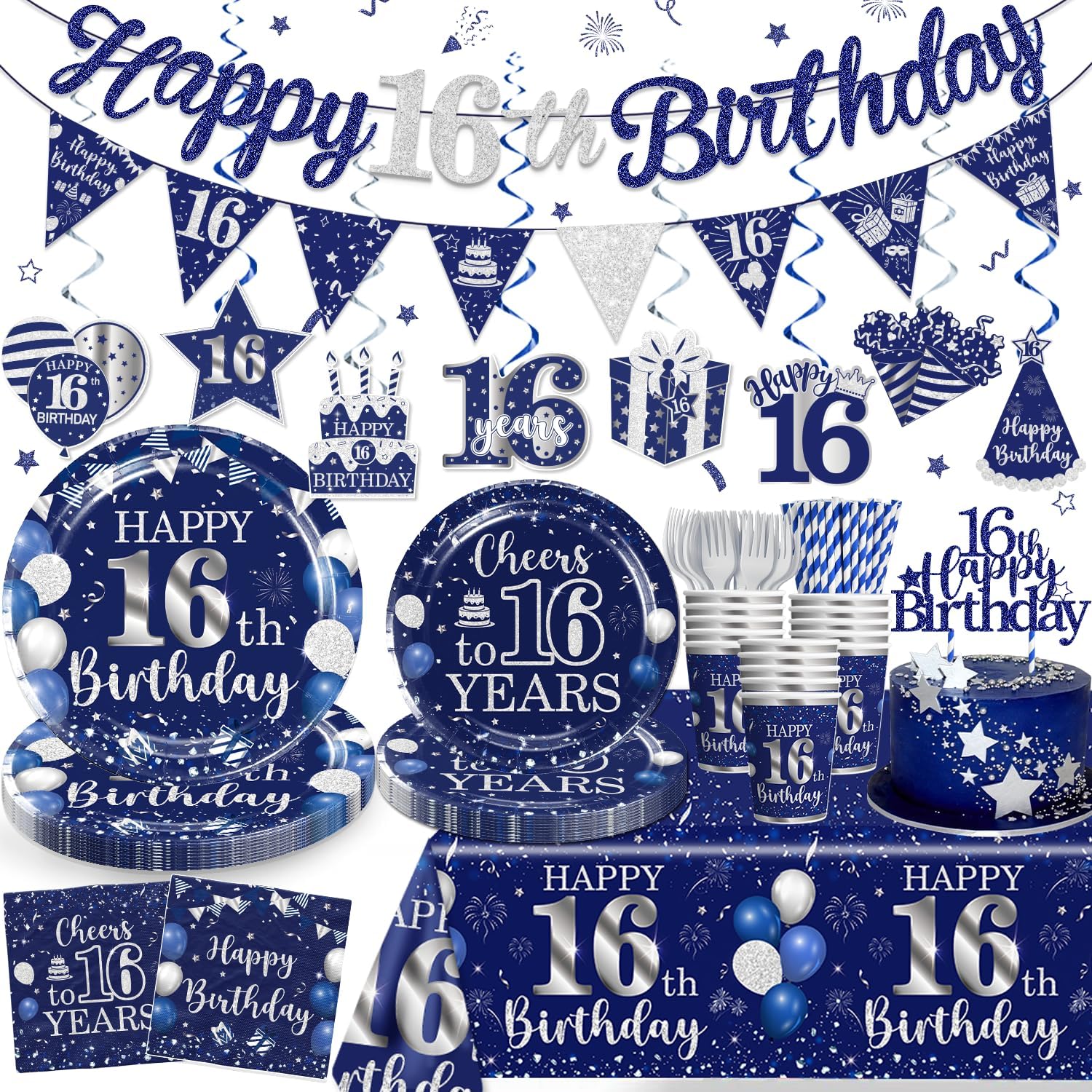 162pcs 16th Birthday Decorations for Boys Navy Blue Silver Include 16th Birthday Plates and Napkins Set, Banner, Hanging, Tablecloth, Cake Topper, for Boys Girls 16th Birthday Party, Serve 25