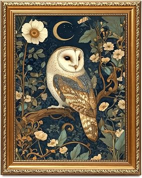 Framed William Morris Wall Art,Barn Owl Poster Print Cottagecore Decor,Vintage Wildlife Botanical Painting Pictures,Dark Academia Flowers Artwork Cottagecore Wall Decor for Living Room Bedroom,9x12in