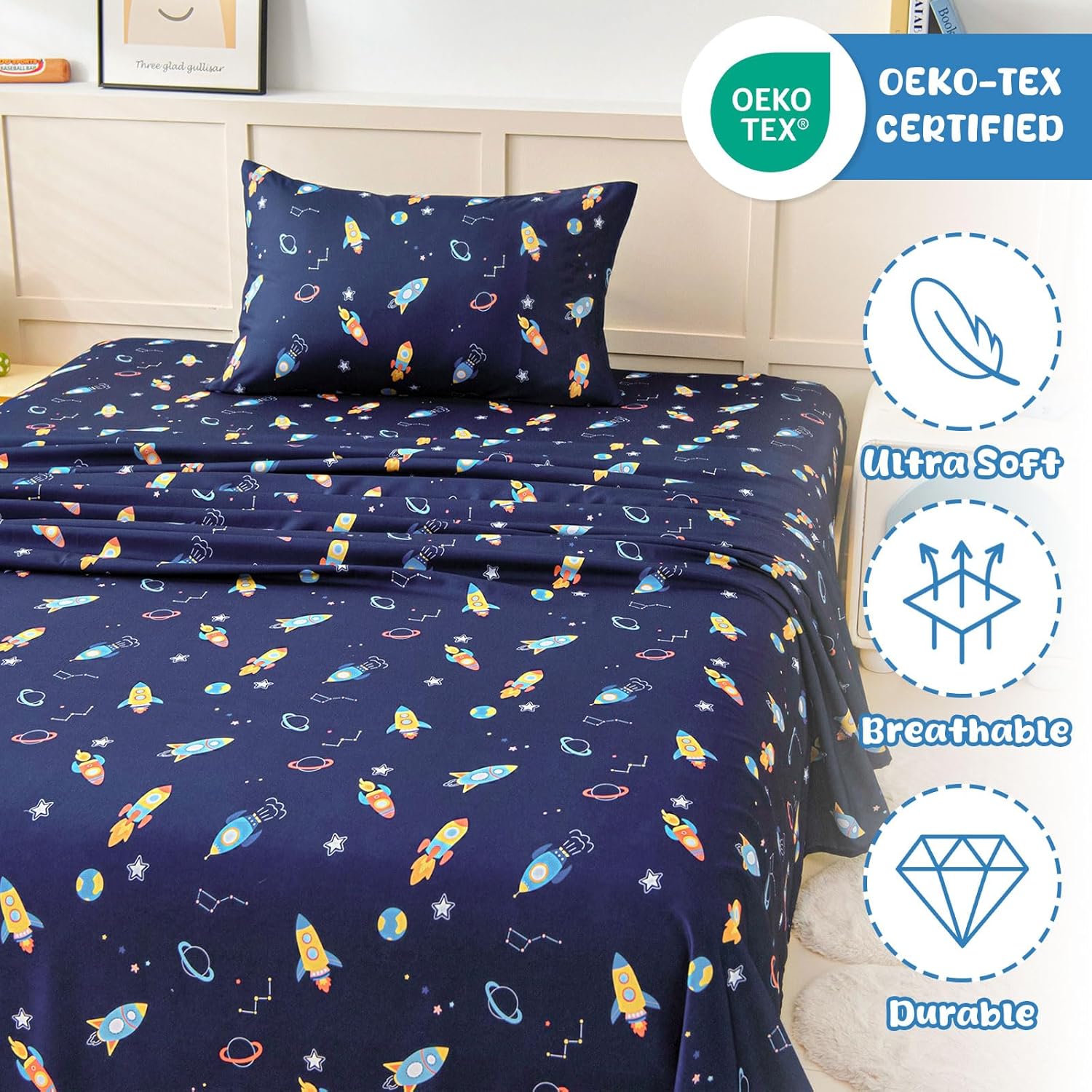 Queen Sheet Set for Kids Boys & Girls, 4-Piece Bed Sheet Set for Teens Boys Girls, Cartoon Printed Bedding Set, Microfiber Deep Pocket, Wrinkle & Fade Resistant, Space Rocket