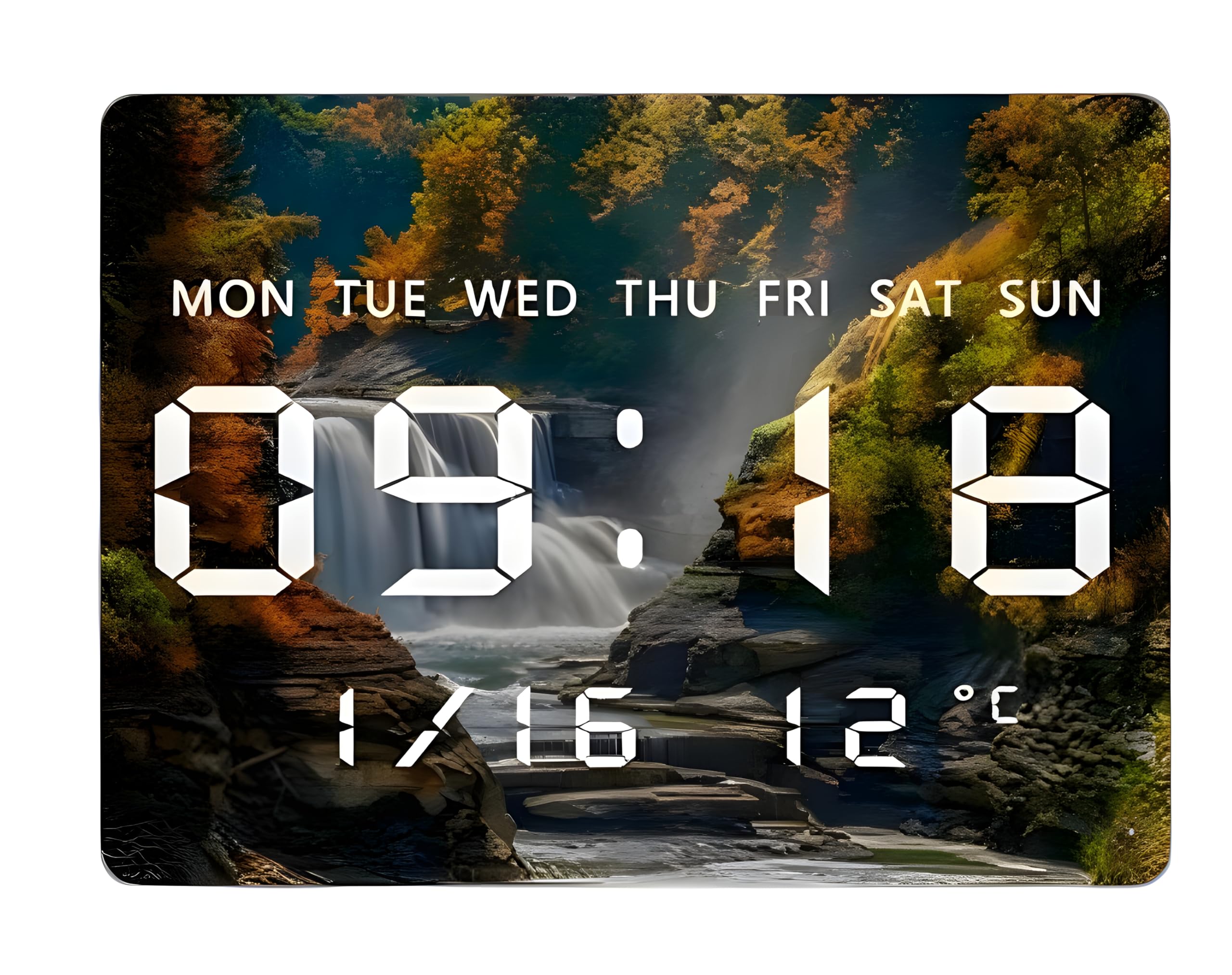 Amazon Brand - Umi Acrylic Digital Wall Clock for Bedroom Living Room Stylish with LED USB Tabletop 3D Picture Clocks with Time Day Date Month Temperature Display for Home Office 27x20cm (Waterfall)-image-17