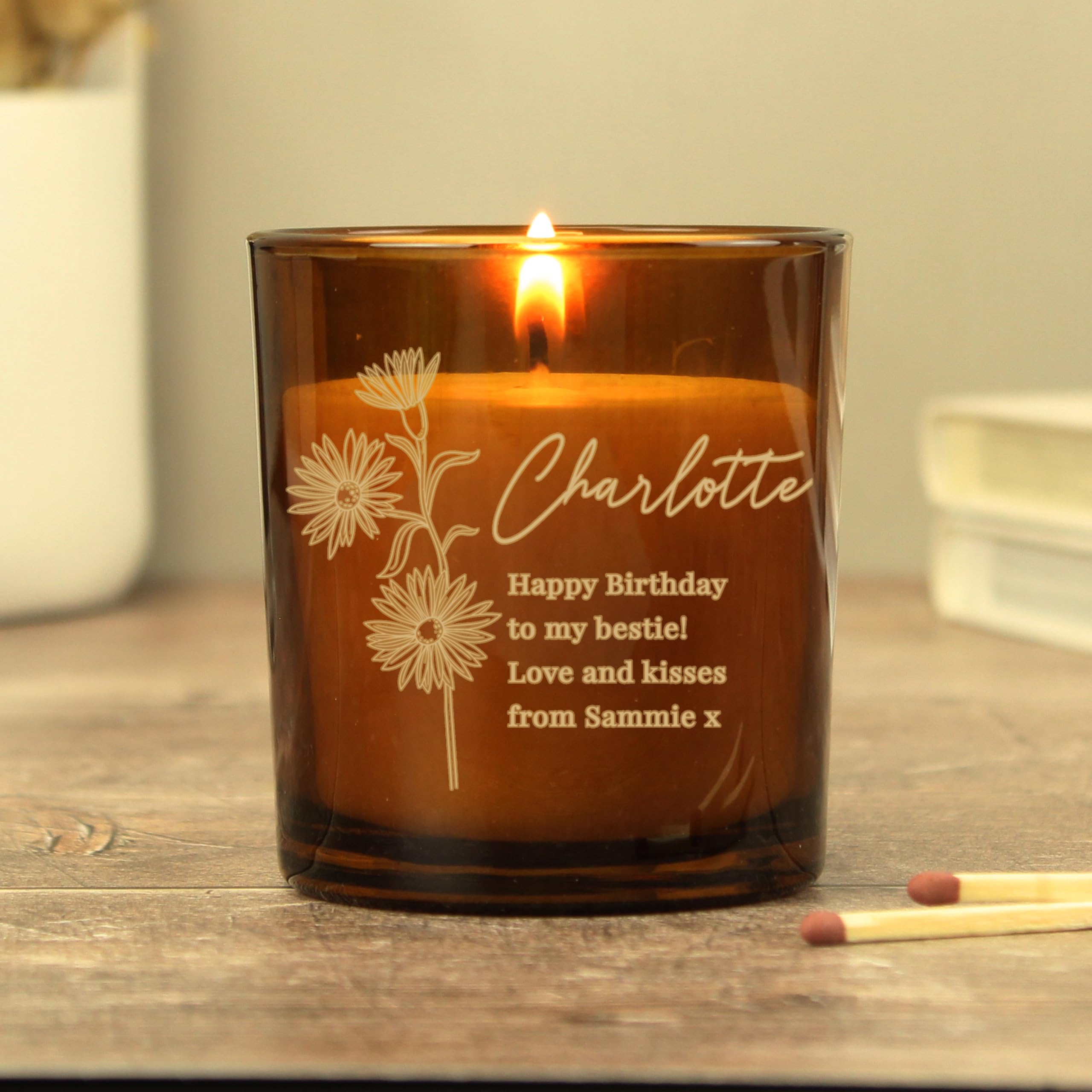 Personalised Memento Brown Custom Personalised Floral Any Message Amber Glass Candle In A Jar - For All Occasions