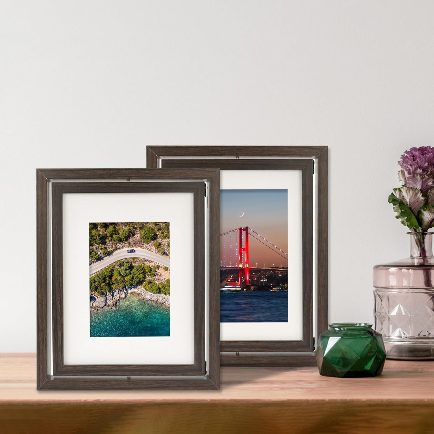 FramePro 2-Pack Rotating Double Sided Picture Frame - 8x10 Floating Double Plexiglass Desk Frames Vertical/Horizontal Display, Brown Wood with 5x7/6x8 Photo Mats