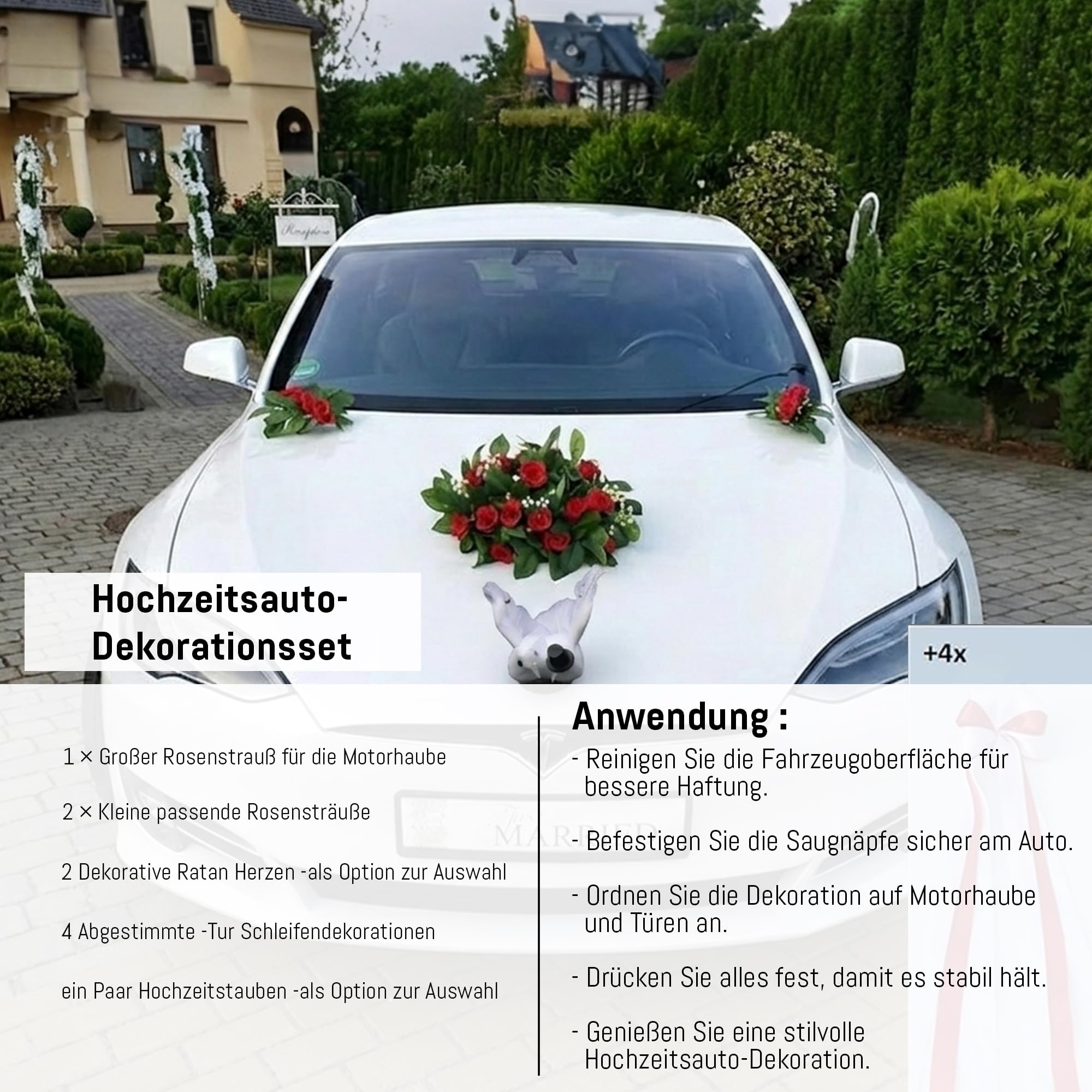 ECHTER ROSESTRAUSS Autoschmuck Braut Paar Rose Deko Dekoration Autoschmuck Hochzeit Car Auto Wedding Deko (Rot)