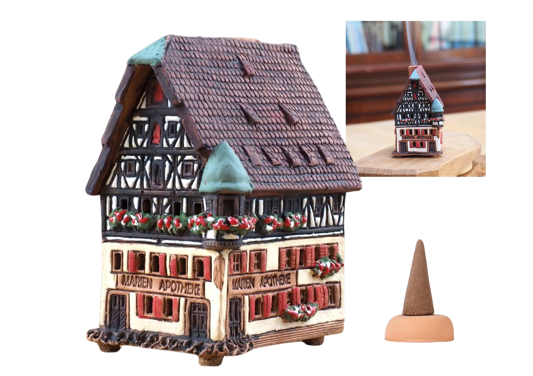 Ceramic Houses and Villages Collection - Handmade House Collectible Miniature of The Original Marienapotheke in Rothenburg Germany - Cone Incense Holder R278