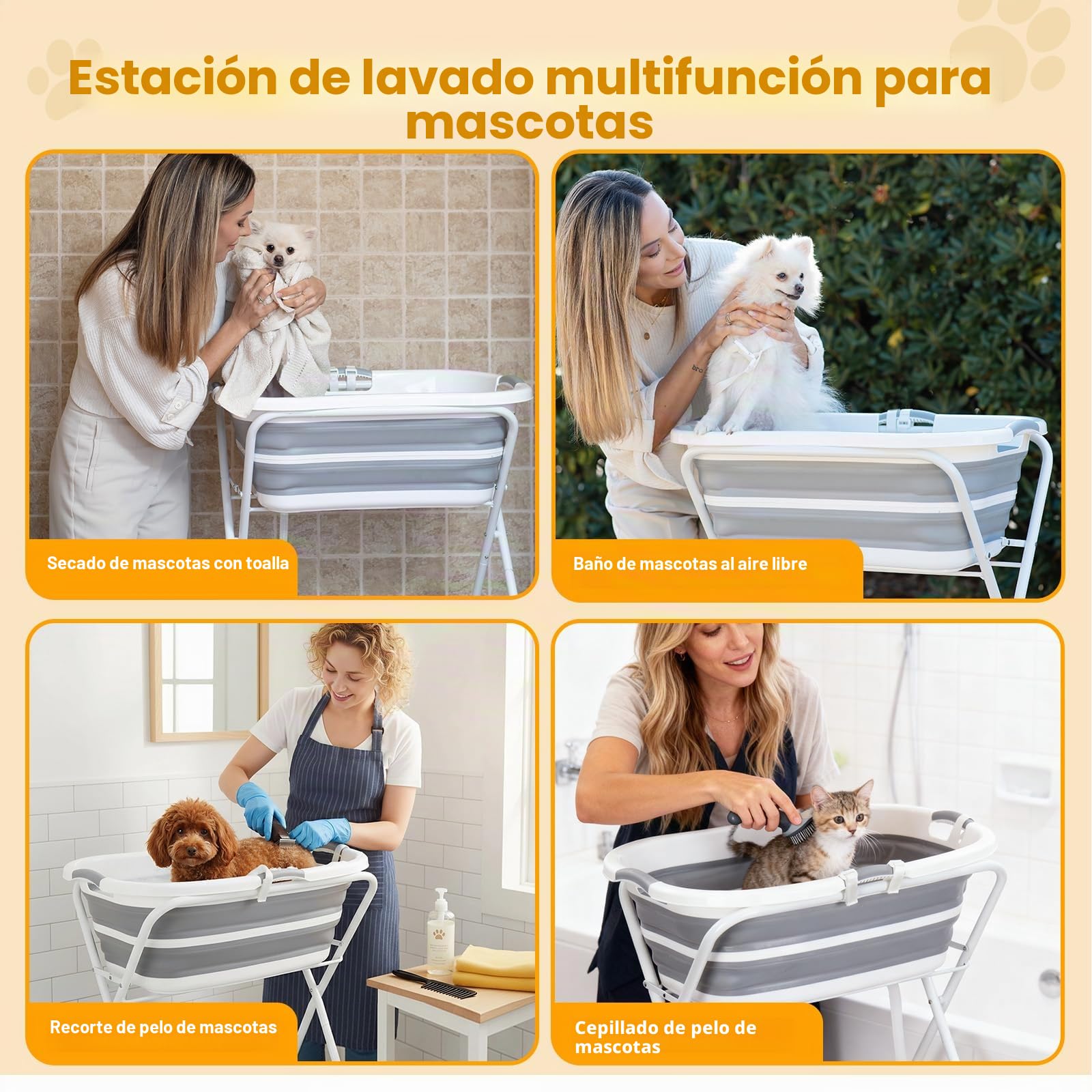Beberoad Bañera para mascotas pequeñas, multifuncional plegable con tubo de drenaje, bañera portátil para perros y gatos pequeños y medianos máx. hasta 28 kg (gris)
