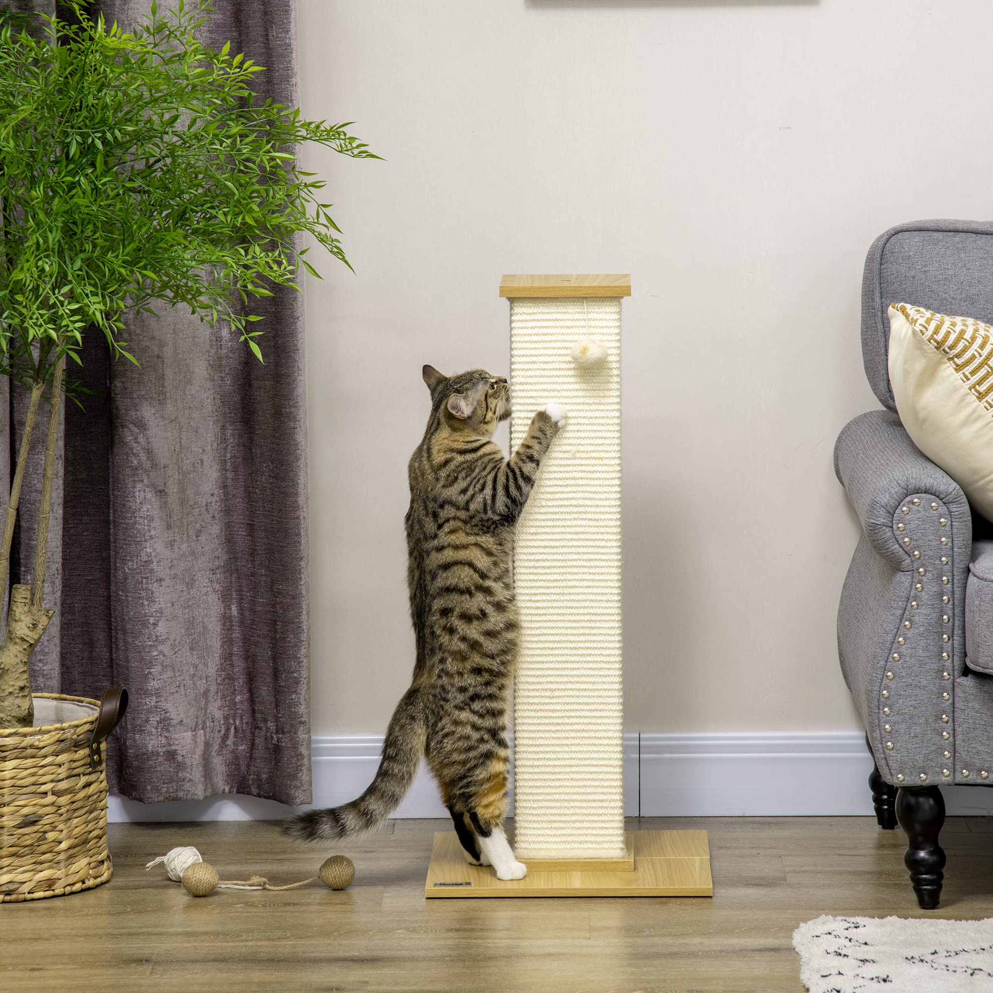 PawHut Kratzsäule 80 cm hoch für Katzen bis 5 kg Sisalseil Eiche+Cremeweiß | Kratzstamm, Kratzbaum, Spielball, Kratzbrett
