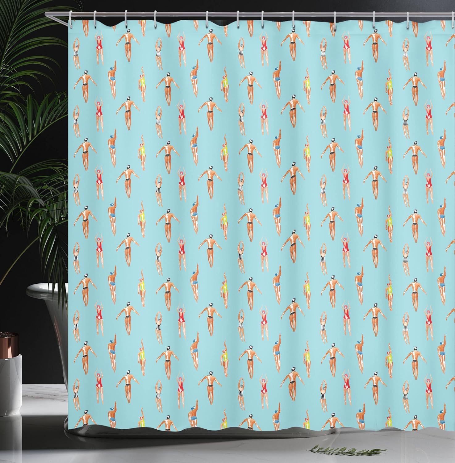 Ambesonne Summer Shower Curtain, Watercolor Style Men and Women Swimmers in The Sea Sports Active Lifestyle Print, Cloth Fabric Bathroom Decor Set with Hooks, 69" W x 70" L, Seafoam Cinnamon