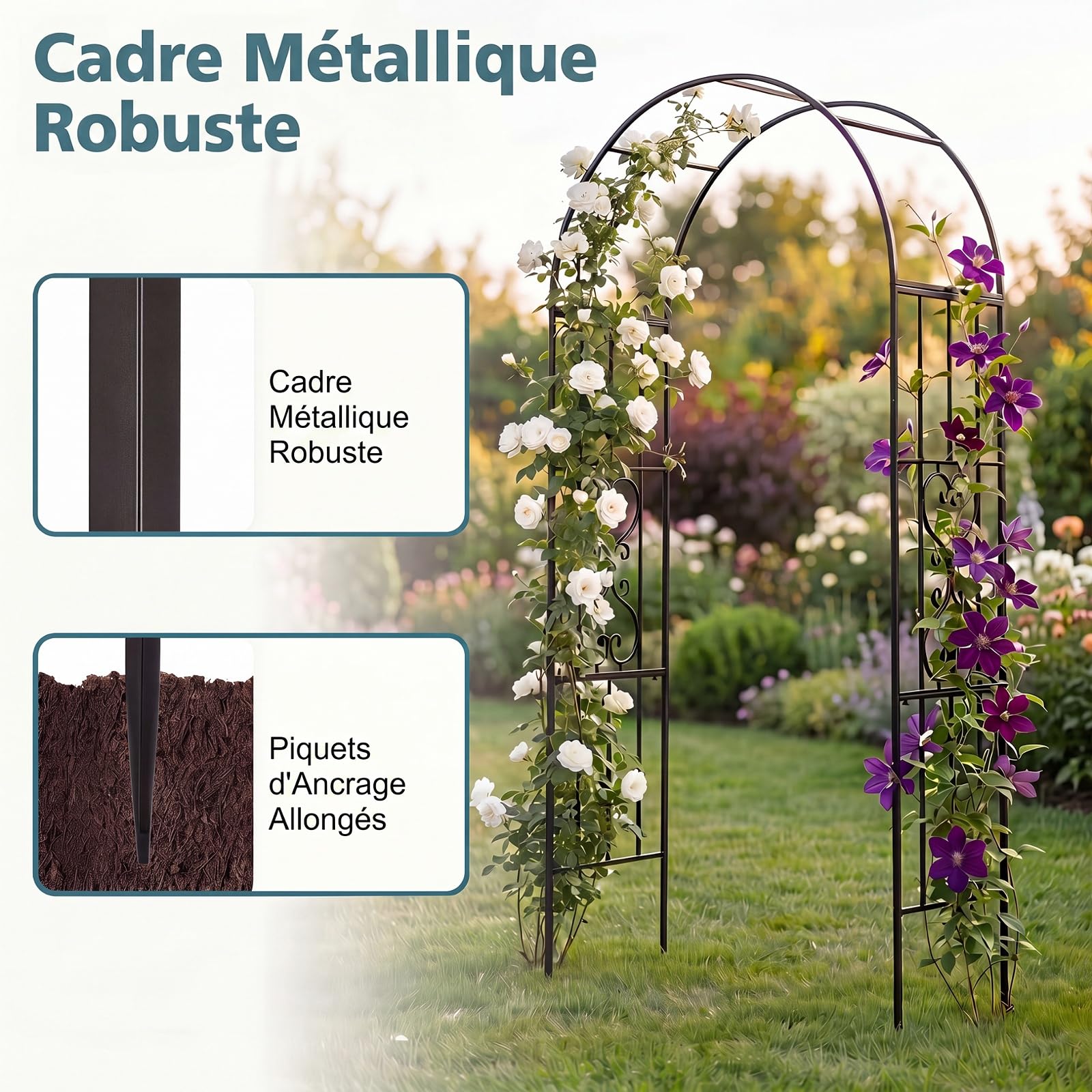 GYMAX Arche de Jardin en Métal, Treillis à Rosiers Extérieure | 117 x 57 x 231 cm, Sommet Arrond, Motifs Décoratifs, Support pour Plantes Grimpantes, Déco pour Pelouse Allée Mariage Fête