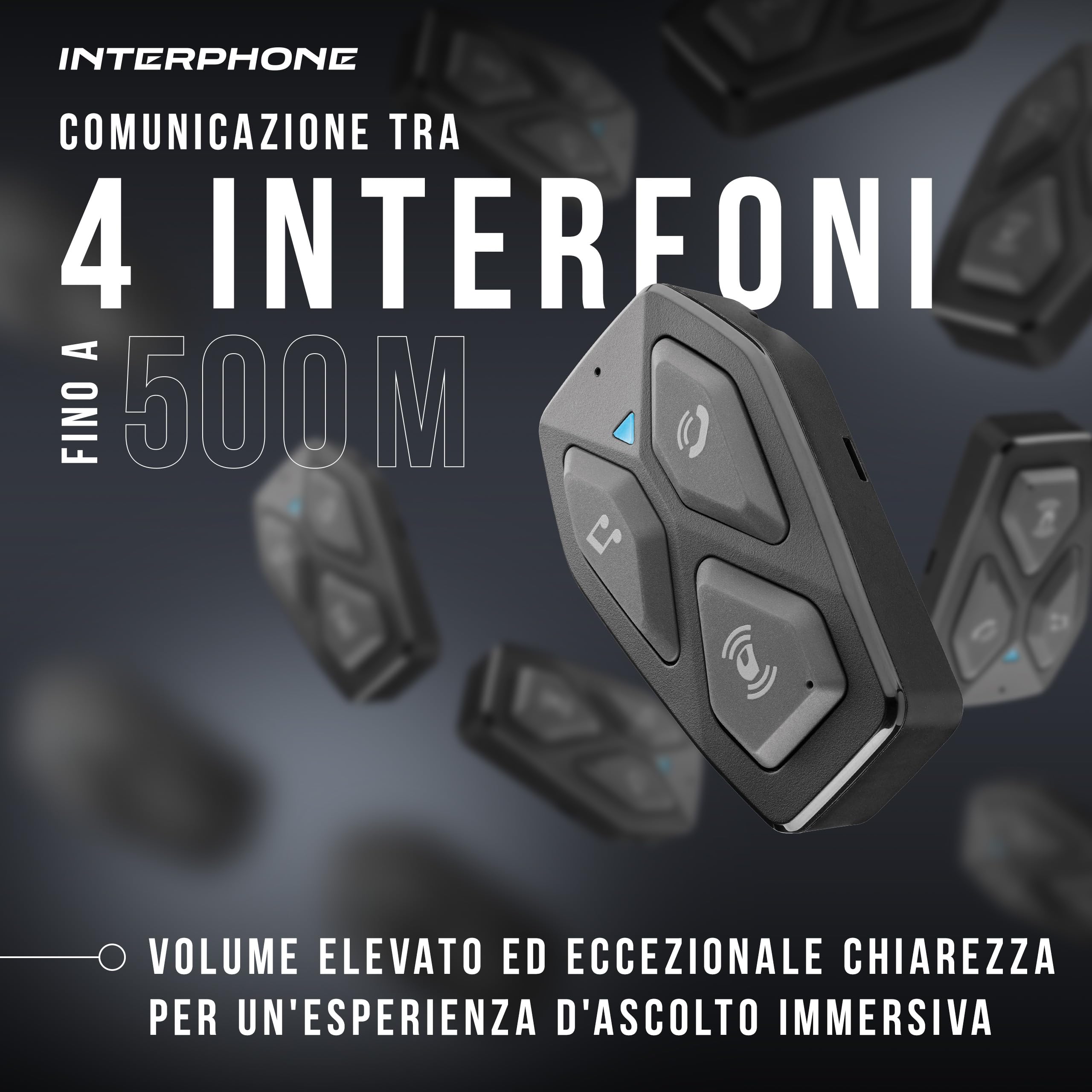 INTERPHONE U-COM 3HD Singolo, Interfono moto di gruppo per 4 utenti fino a 500mt, Interfono casco Bluetooth 5.1 con auricolari HD 40mm per musica, chiamate e GPS, Autonomia 10h e impermeabile IP67