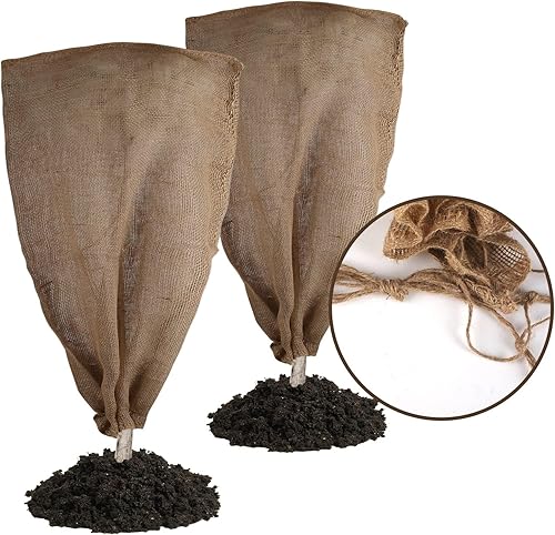 Paquete de 2 bolsas reutilizables de arpillera cálida para plantas de invierno de 47 x 40 pulgadas con cordón, cubiertas de arpillera para plantas,