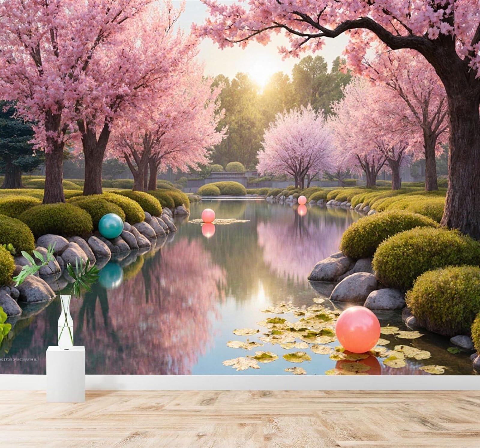 XLMING Cherry Blossom Tree Reflection On The Lake Sunrise Garden Landscape 3D Wallpaper Silky Texture Home Study Office Grey Dining Room Sofa Bedroom Living Room TV Backdrop-250cm×170cm