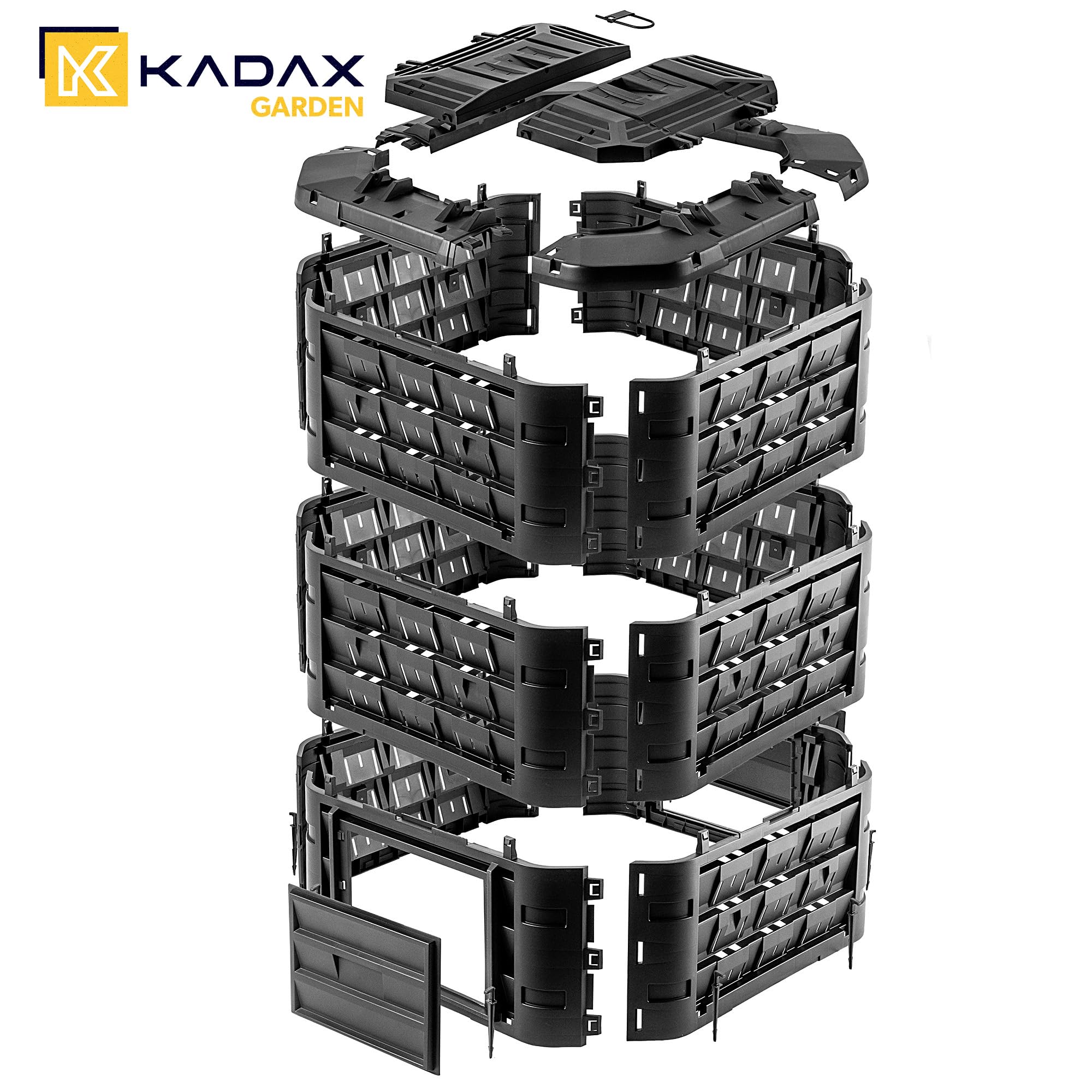 KADAX Compostiera modulare per rifiuti da giardino, compostiera da giardino in plastica, bidone di compostaggio con ventilazione e irrigazione, contenitore per compost, compostiera rapida (nero 950 L)
