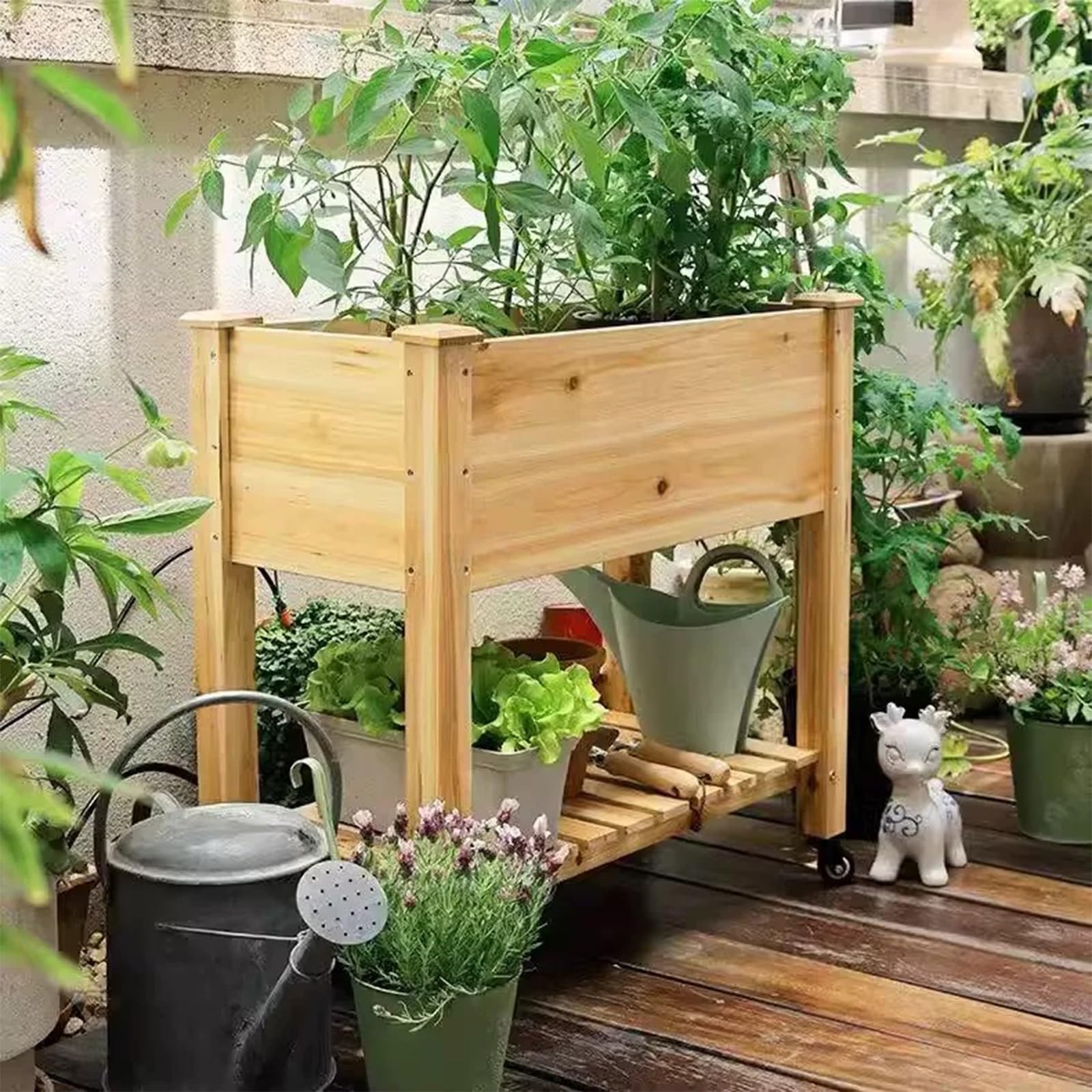 Jardinera Elevada de Madera Con Estante de Almacenamiento, Jardinera Independiente for Uso Interior y Exterior, Combina Almacenamiento y Plantación,For Balcones | Brown