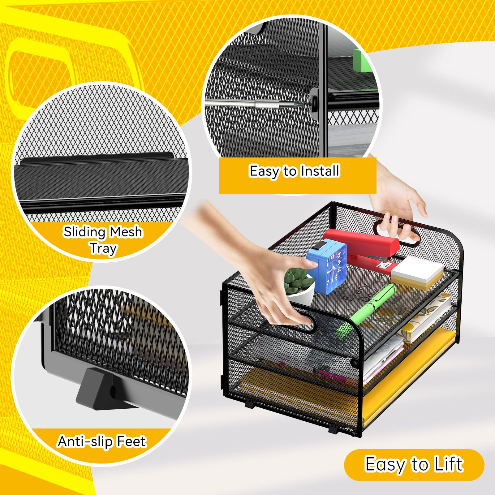MINDEPOT Bandeja organizadora de papel de 3 niveles con asa, bandeja de malla para cartas, oficina, hogar, escuela (1 paquete), color negro