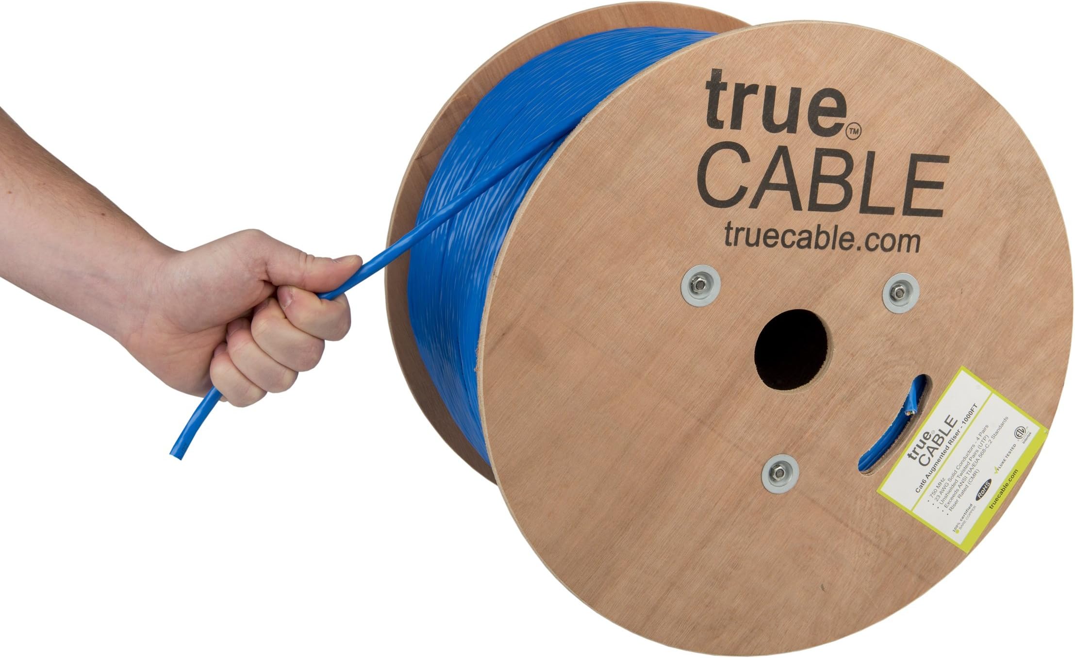 TRUE CABLE Cat6A Riser (CMR), Bulk Ethernet Cable, 1000ft, Blue, 23AWG Solid Bare Copper, Unshielded Twisted Pair (U/UTP), 750MHz, PoE++ 100W, ETL Listed