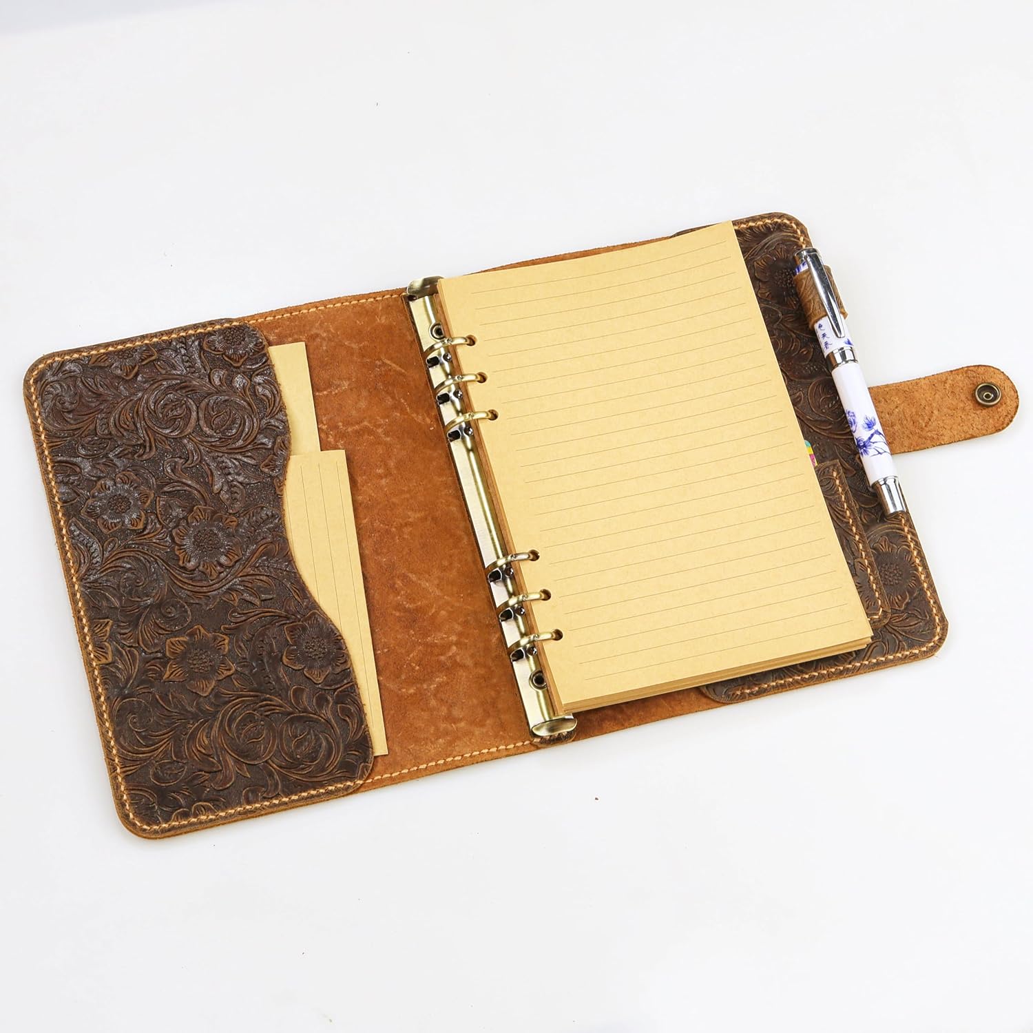 Vintage Floral Embossed Leather A5 Journal Binder, Writing Notebook with Pen Holder - Customizable Gift for Her W10-LAXBS-1