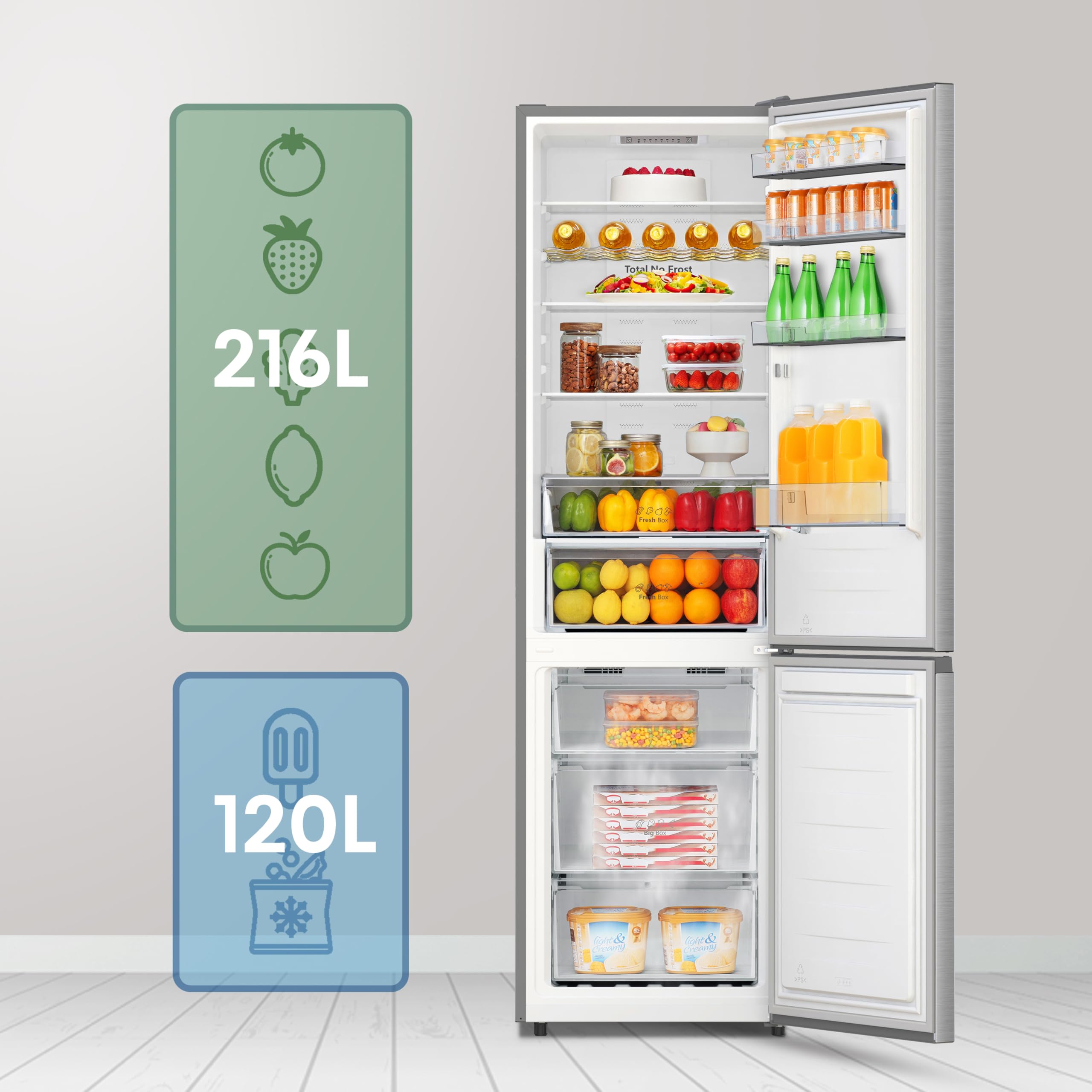 Hisense RB440N4ACA - Frigorífico Combi, Eficiente Clase A, Capacidad 336 L, Multi-air Flow, Micro Vents Cooling, Congelamiento Rápido, Total No Frost, Puerta Reversible, Color Inox