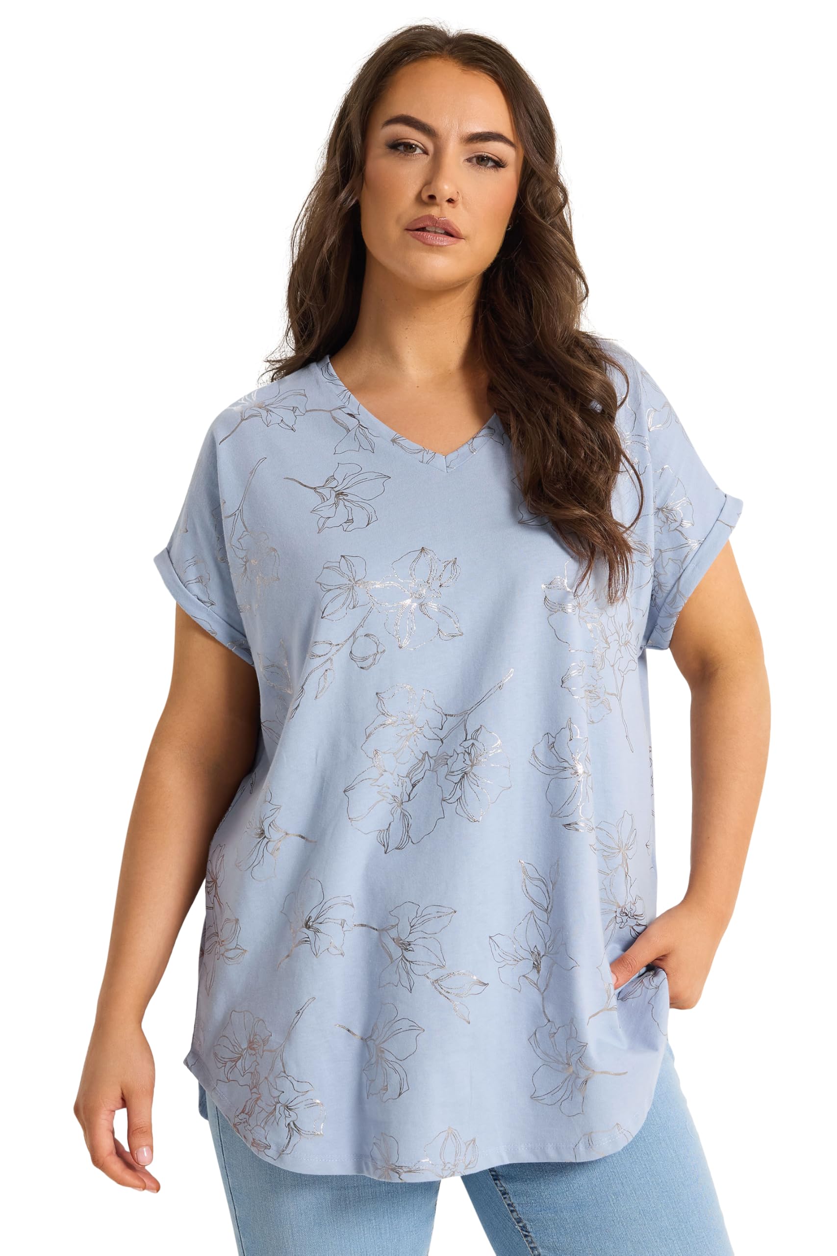 Yours Curve Blue Floral Foil Notch Neck Top - Women's - Plus Size Curve