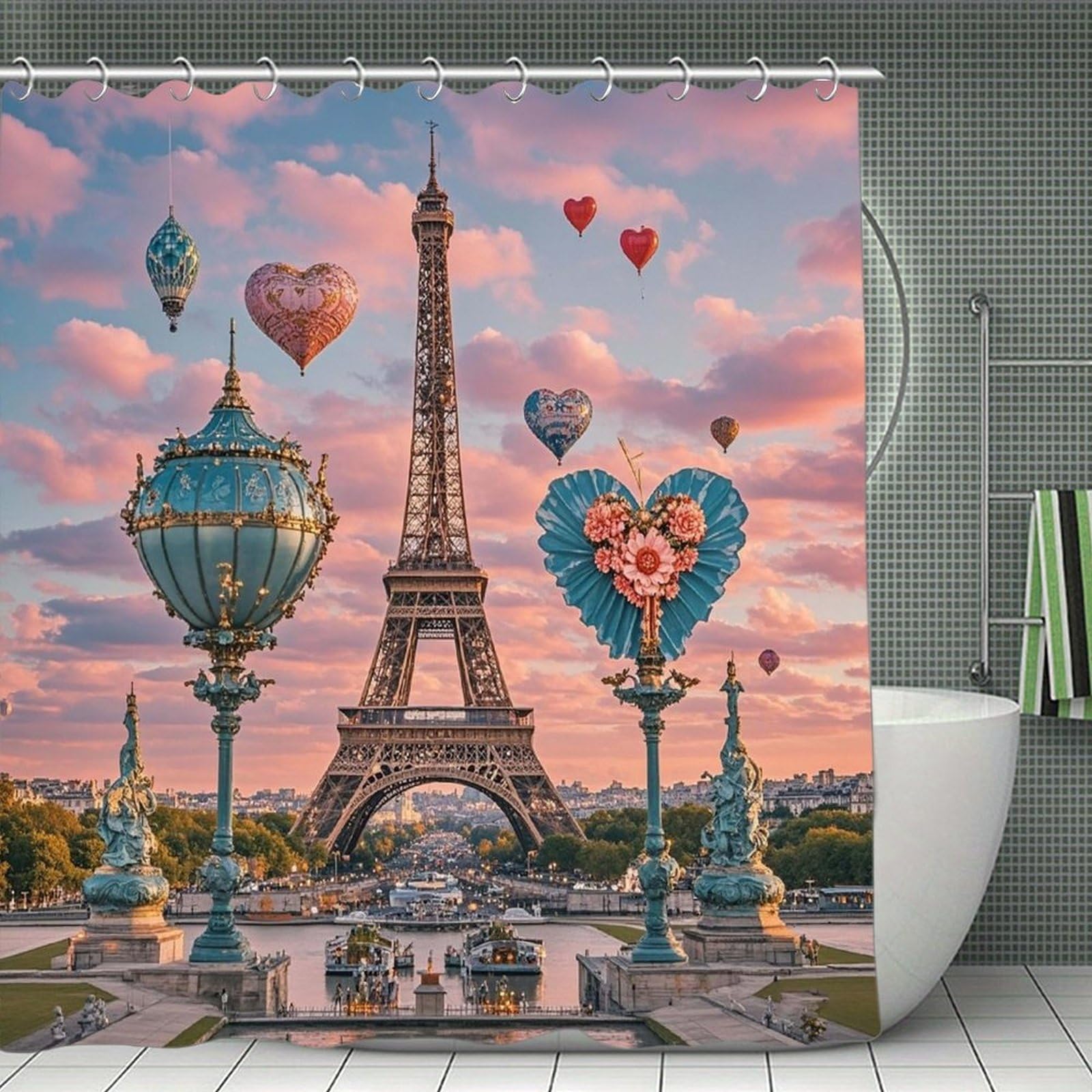 VstaDank Romantic Paris Eiffel Tower Bath Curtain Elegant Heavy Duty Shower Curtains 70x70 in Rustic Farmhouse Cloth Shower Curtains Neutral Modern Bath Curtain for Bathroom