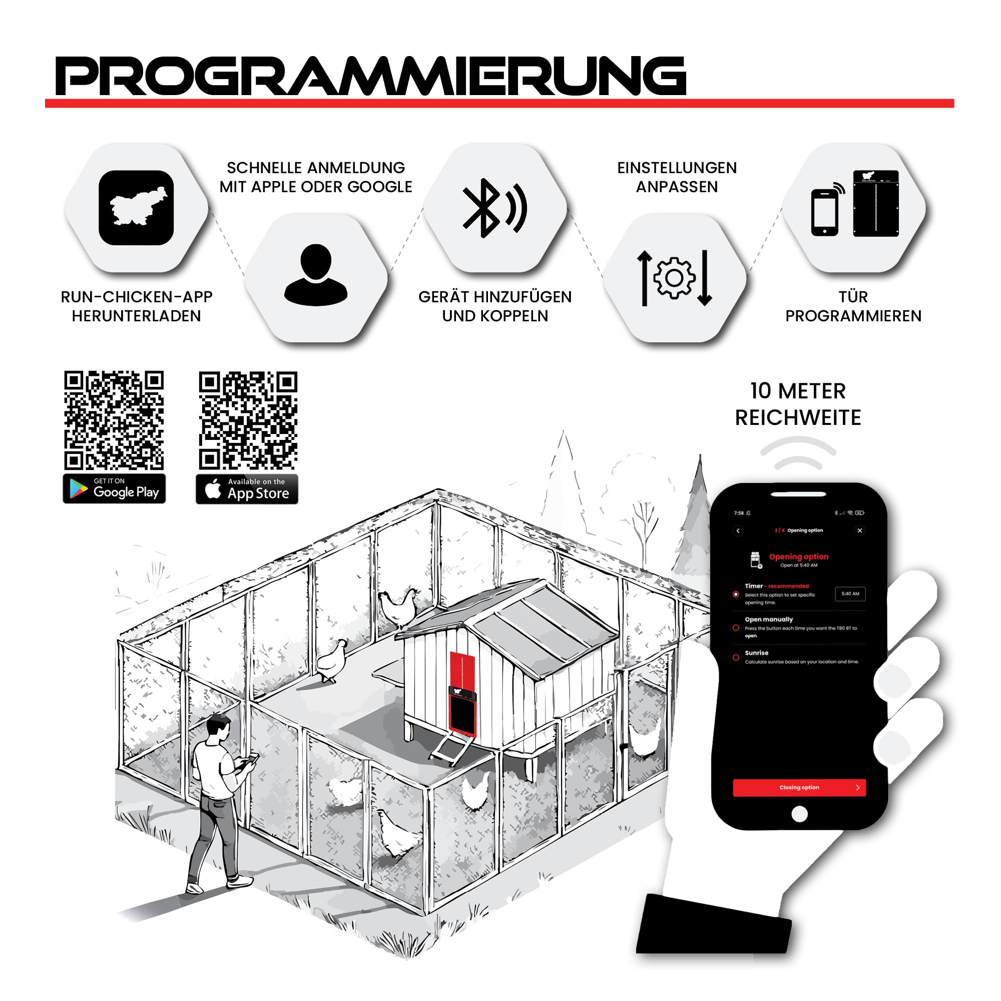 Solar Hühnerstalltür, batteriebetriebene automatische Hühnertür mit Timer und Lichtsensor, programmierbar, rot