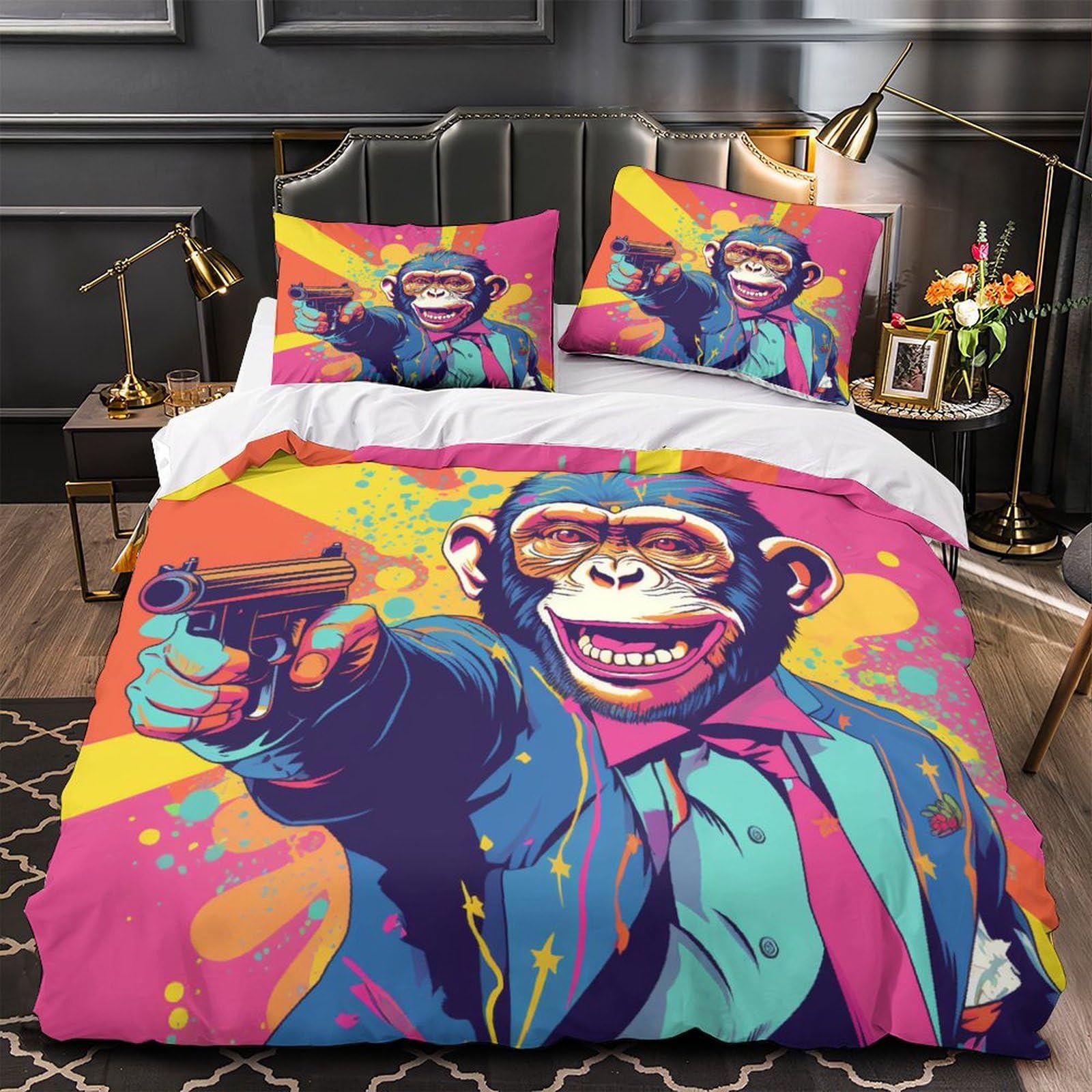 Housse De Couette 3D Pop Art Singe - Taie D'oreiller Incluse - Taille King 220x240 Cm - Coton Doux