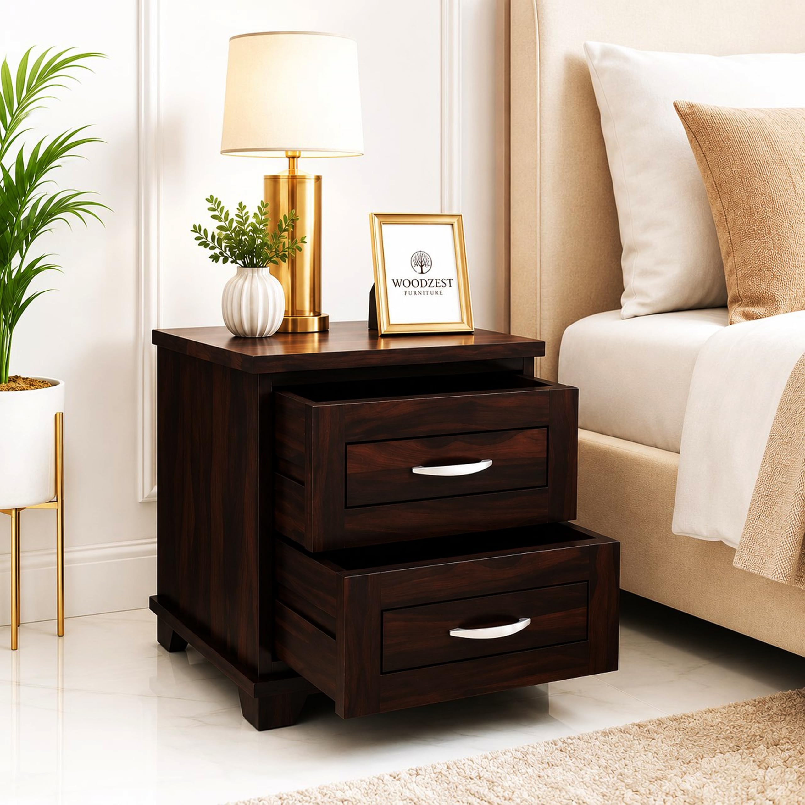 Premium Sheesham Wood Bedside Table with 2 Drawers for Bedroom | Wooden Night Stand End Table | Solid Wood Bedside Table for Bedroom & Living Room | Walnut Finish-image-28