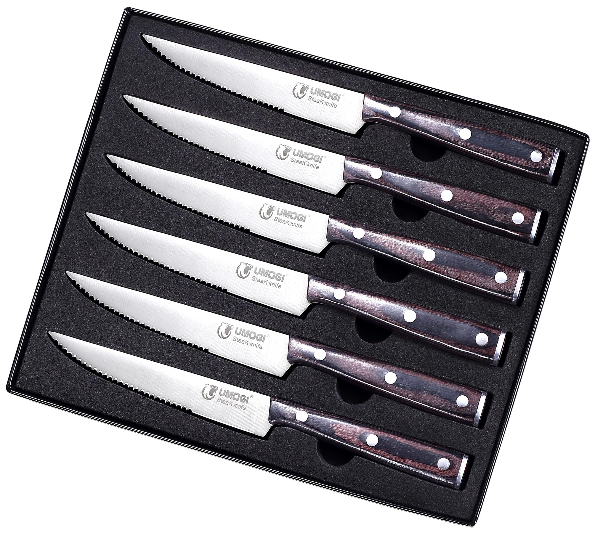 Steak Knife Set of 6 with Gift Box - Ergonomic Grip Black Wooden Handle, Highly Resistant & Durable German Stainless Steel, Serrated Edge - 4.8''Dinner Knife Set Non Straight