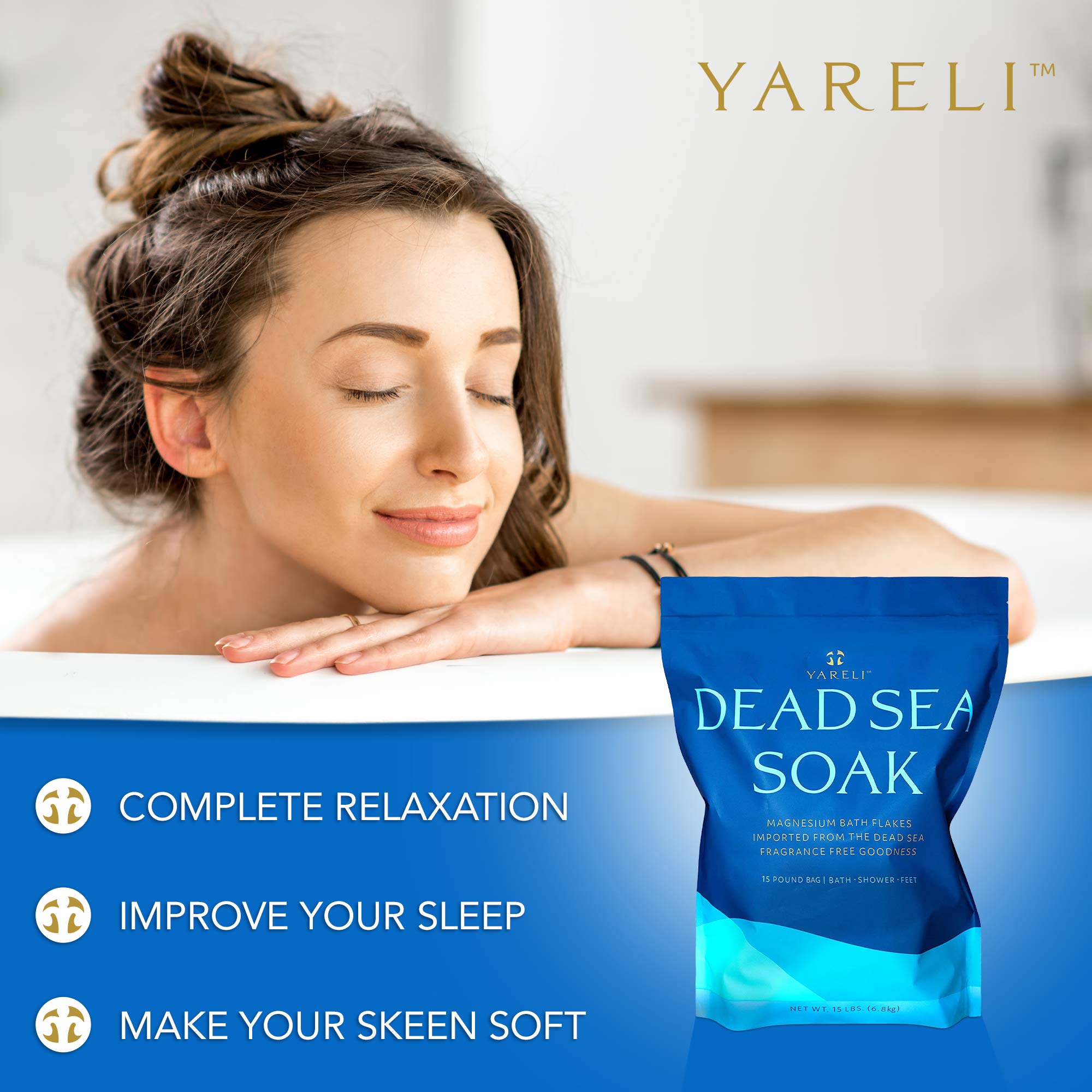 Yareli Dead Sea Bath & Foot Soak, Unscented Magnesium Bath Salt Flakes