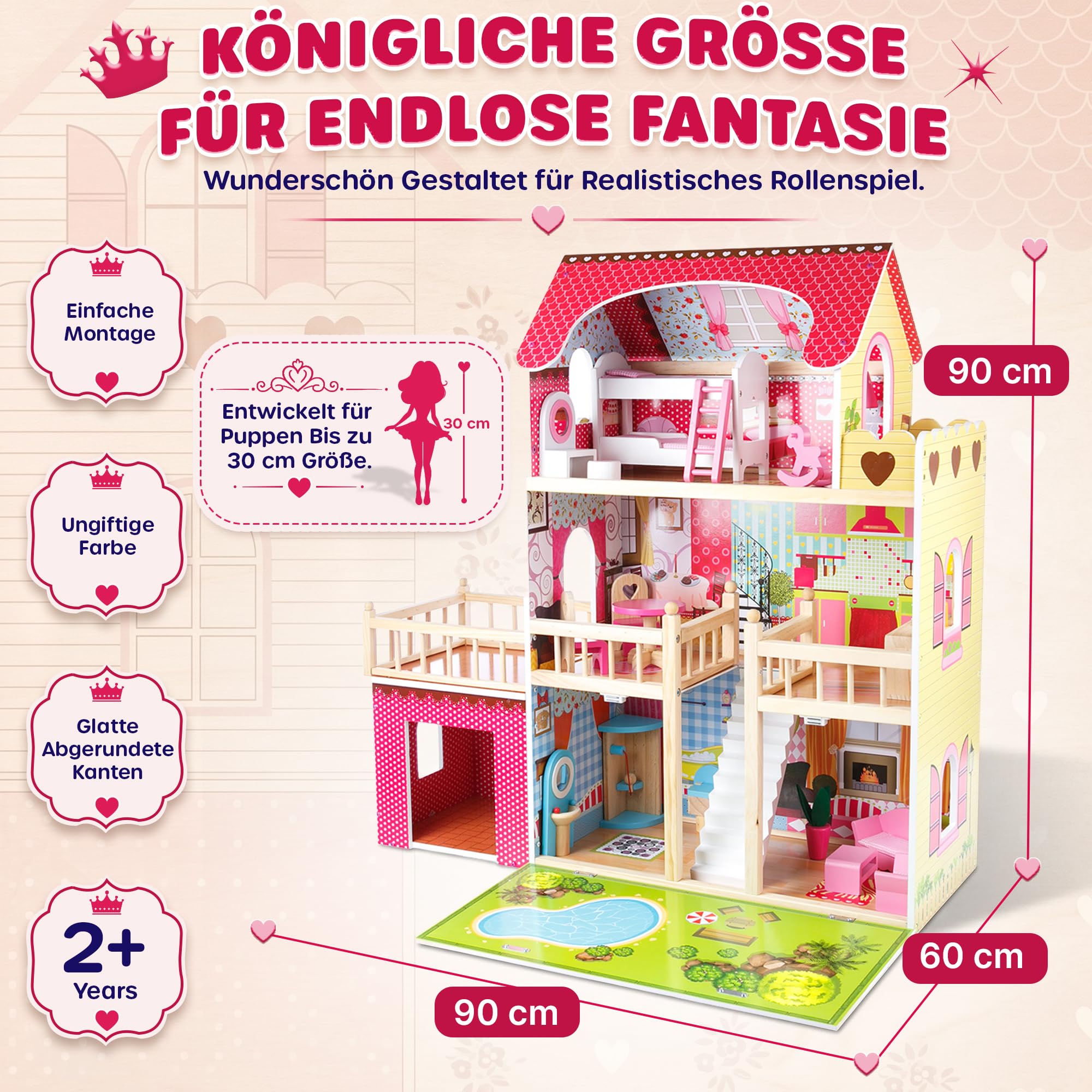 Kinderplay Puppenhaus aus Holz – Große 3‑Etagen‑Villa mit Garage & Garten – LED-Licht, 17 Möbel – Für Kinder ab 3 Jahren, Puppen bis 30 cm – 90 cm hoch