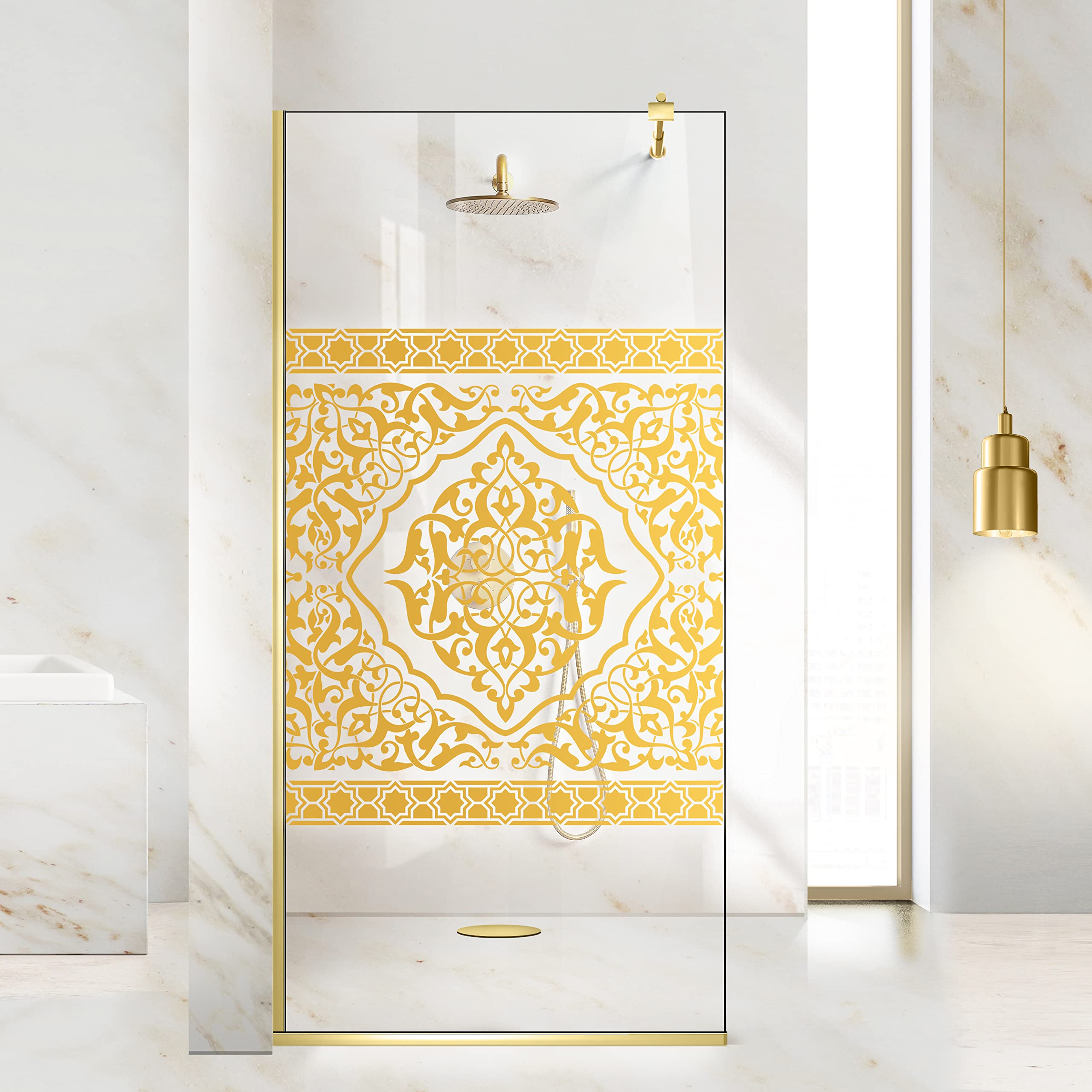 Aqua Roy Gold, Modell Doha Oriental Golden, Größe 70 cm ab 70/80/90/100/110/120, Walk in Duschwand 8 mm Klarglas mit NANO-beschichtetem sandgestrahltem Muster (70x195cm)