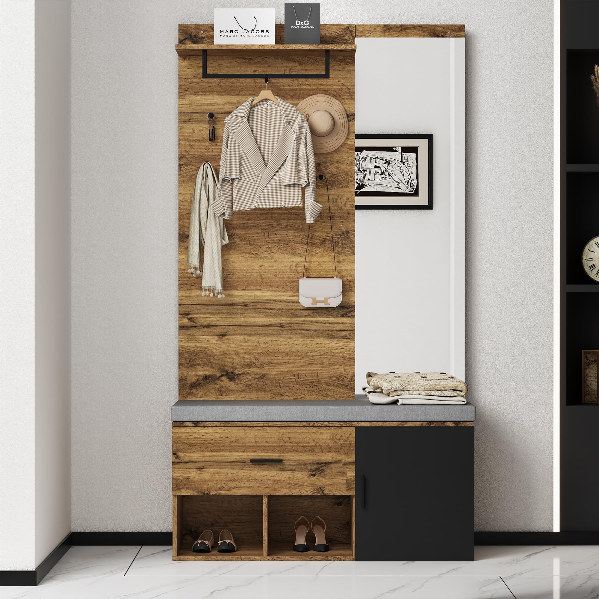 LUTUTU Juego de perchero de 190 cm de alto, efecto madera, con espejo, zapatero (104 x 39 cm) con cojín, zapatero, cajón, estante, perchero, diseño práctico para la entrada