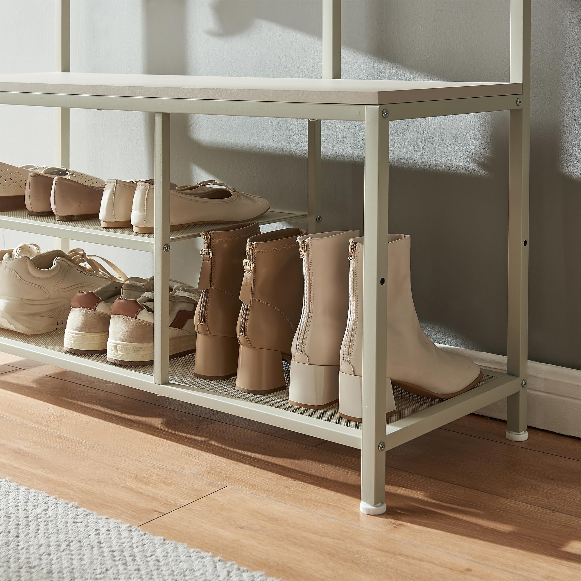 [en.casa] Mueble Recibidor Napinerg con Espejo y Zapatero Recibidor De Entrada Perchero con 7 Ganchos Flexibles Patas Ajustables Aglomerado Metal 185 x 98 x 34 cm - Color Arena