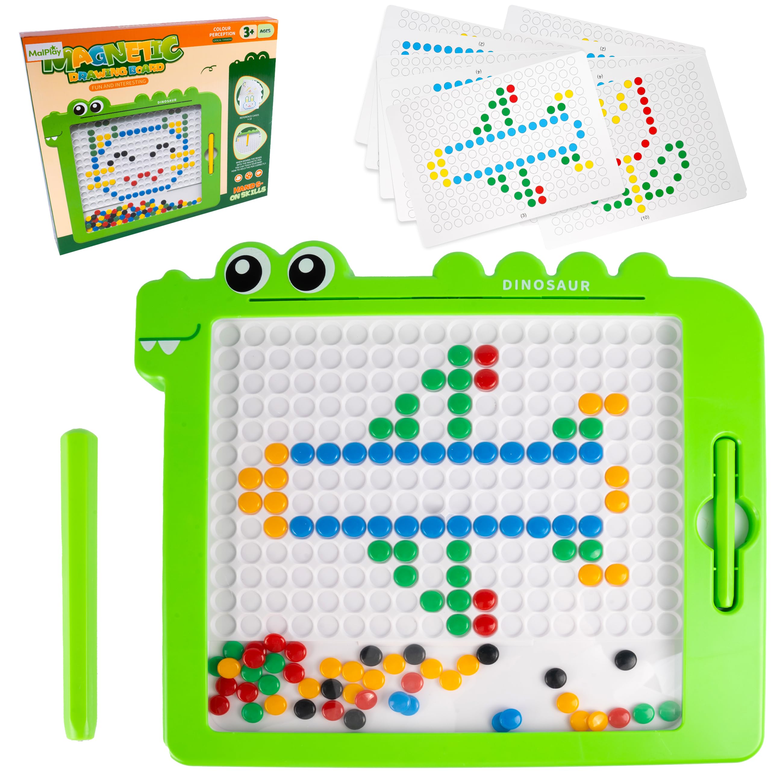 MalPlay Montessori tablica magnetyczna dla dzieci, koraliki mozaikowe, szablony puzzli dinozaurów, 20 różnych szablonów, od 3 lat, gra magnetyczna