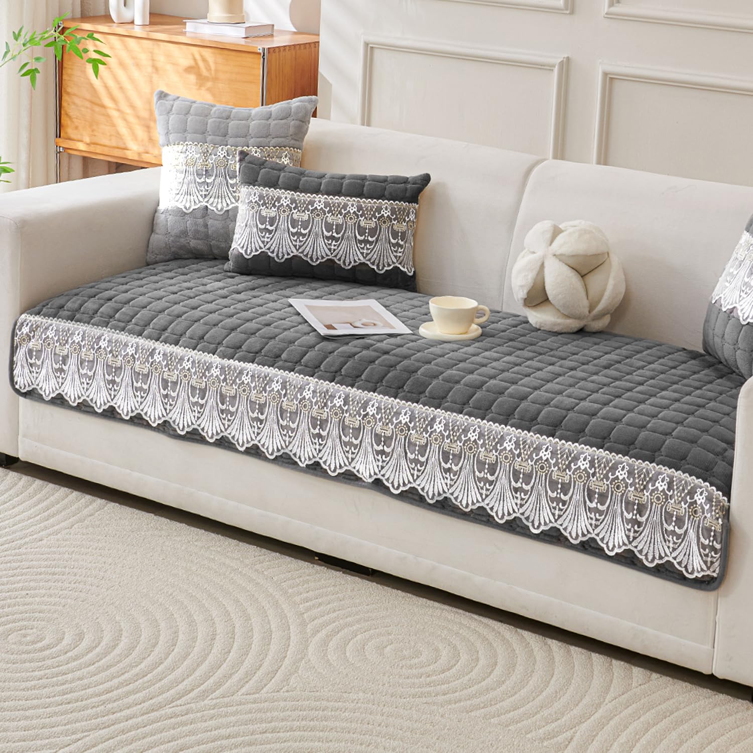 HOKIPO 'BelleLace Series' Imperial Milk Velvet Sofa Cover Mat with Lace Design| Make Your Own Sofa Cover Set, Mat Length 90(D) x 170(L) cm, Porpoise Grey (AR-5966-DGRY)-image-6