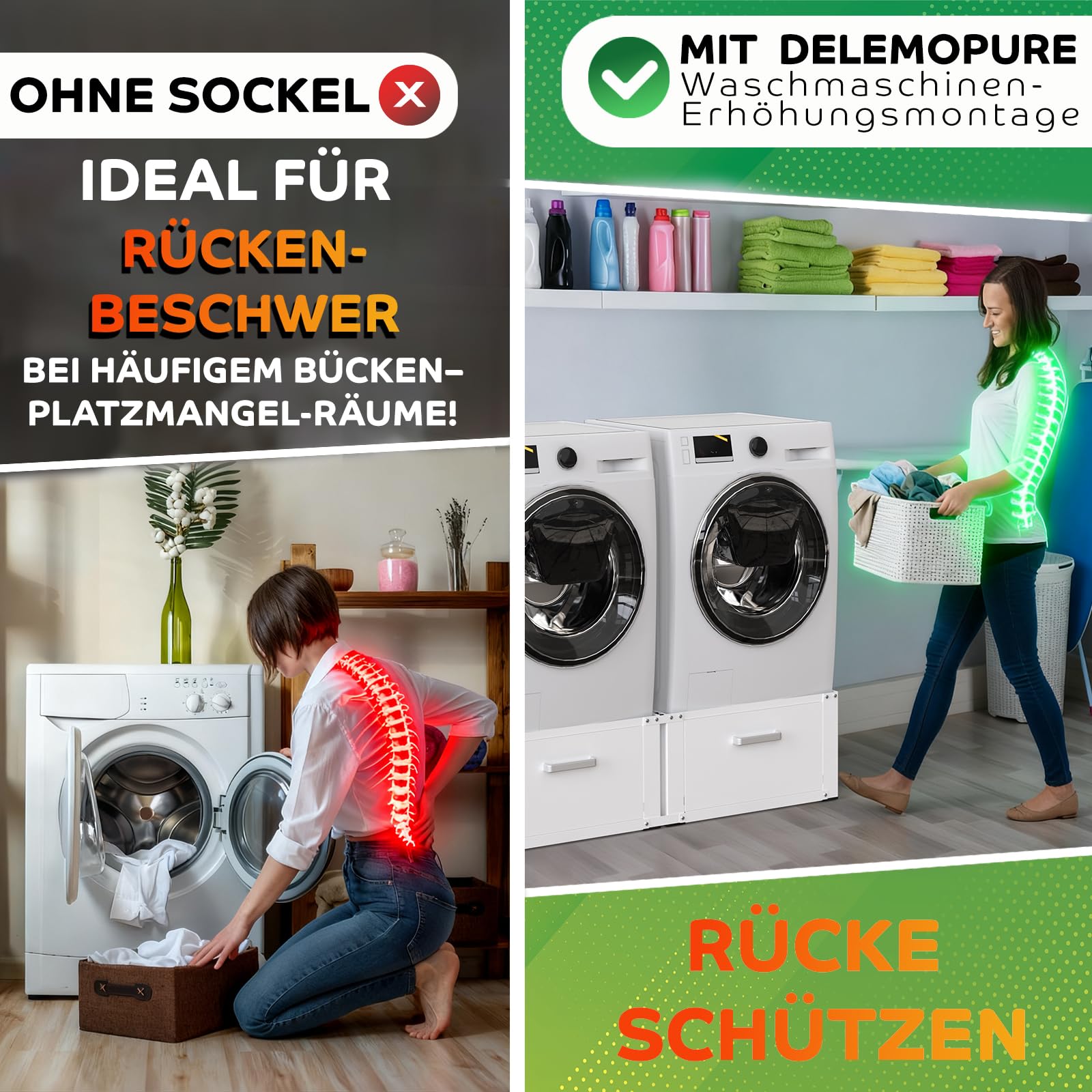 Stabiler Waschmaschinen Untergestell mit 2 Schubladen Waschmaschinen Unterschrank 500kg Tragkraft Waschmaschine mit Hohem Sockel Stahl Doppel Podest für Waschmaschine und Trockner