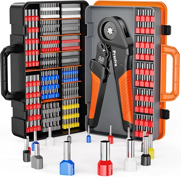 Preciva Ferrule Crimping Tool Kit - AWG 28-5 (0.08-16mm²) Hexagonal Ferrule Crimper with 950Pcs Single and 350Pcs Twin Ferrules Connectors, Self-Adjustable Ratchet Ferrule Terminals Crimping Tool