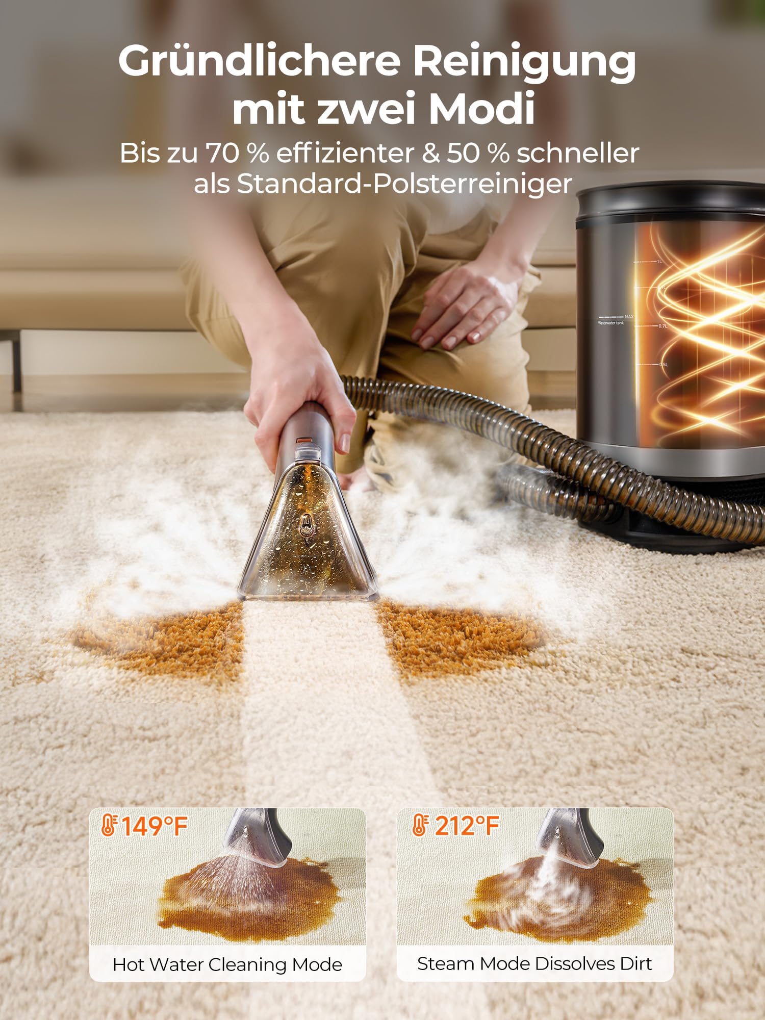 Uwant B400 Teppichreinigungsmaschine mit Dampf- und Heizsystem 18kPa Leistungsstarker Polsterdampfreiniger mit exklusiven Werkzeugen und Reinigungslösung Teppichreiniger Fleckenreiniger für Haustiere