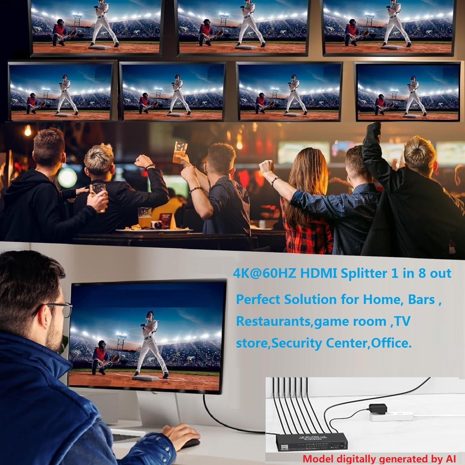 Splitter HDMI 4K a 60Hz 1x8 1 in 8 Out, 4:4:4, 18 Gbps, splitter HDMI 2.0 alimentato a 8 porte, supporta abbassamento automatico dello scaler, sincronizzazione 4K 1080P, HDR10, 3D, solo schermate