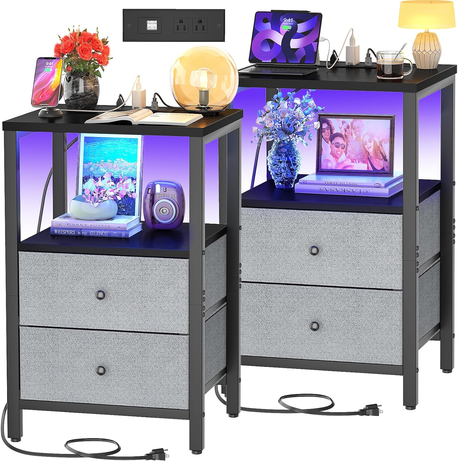 Cyclysio Night Stands Set of 2 with Charging Station, Night