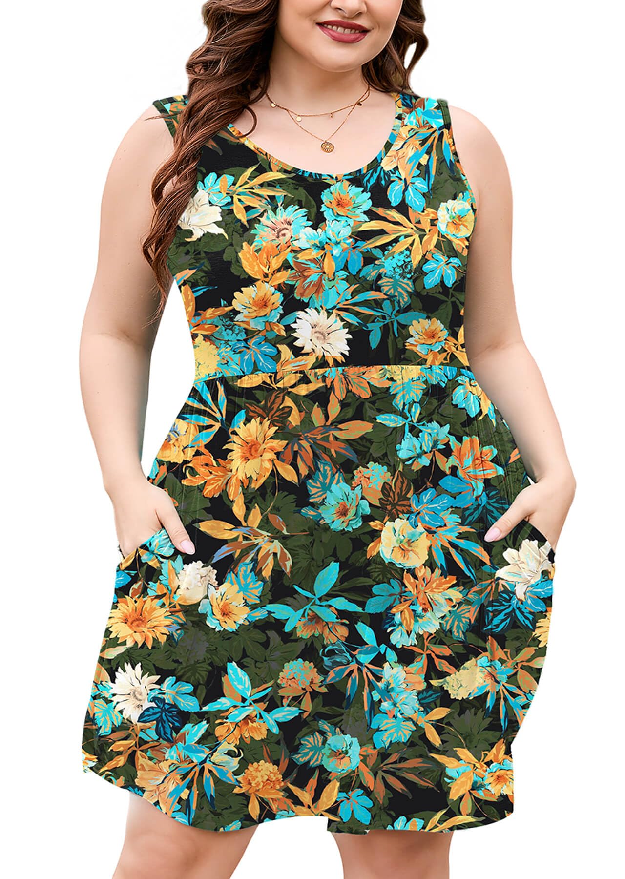 AusLook Plus Size Summer Tank Dress for Women Casual Sleeveless Crewneck Pleated Babydoll Swing Sundresses with Pockets 1X-5X
