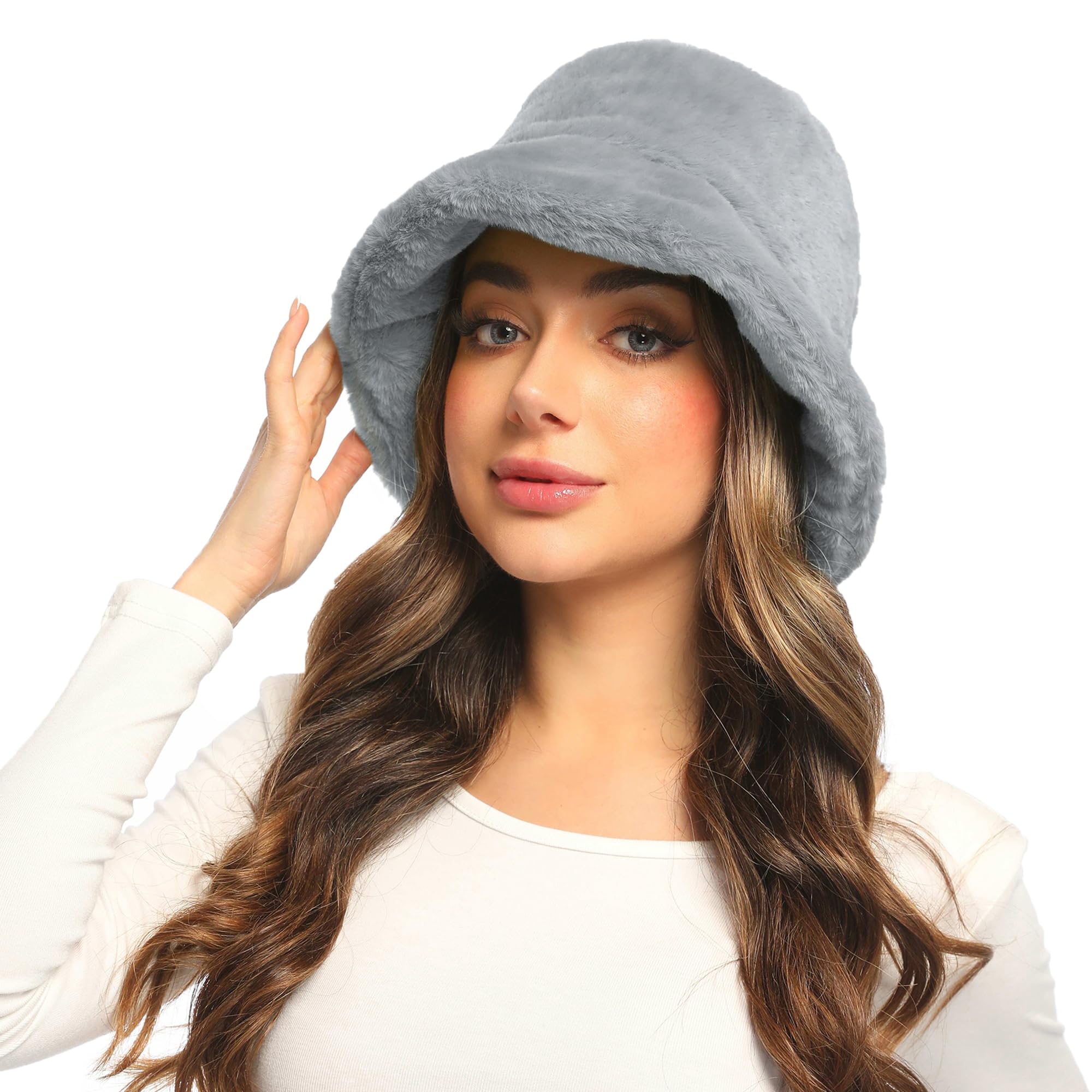 Umeepar Winter Faux Fur Fuzzy Bucket Hat Fluffy Warm Hat for Women Men