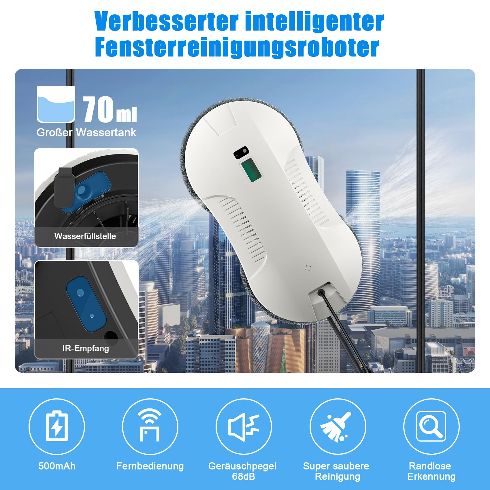 Fensterputzroboter mit automatischer Sprühfunktion, intelligenter Navigation & Kantenerkennung, 3 Reinigungsmodi, Fernbedienung, 70ML Tank, Sicherheit & UPS für Fenster, Glas, Spiegel, Fliesen
