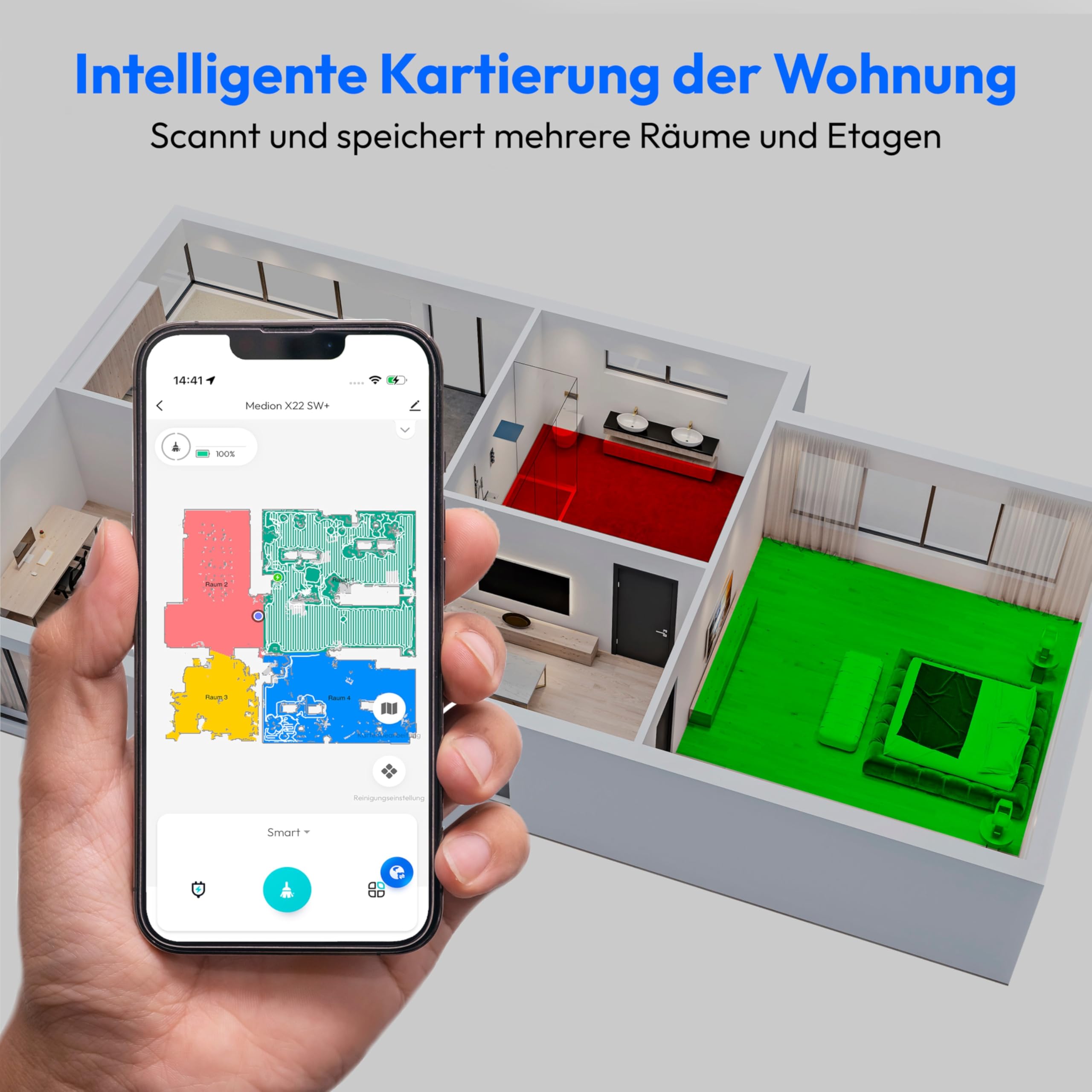 MEDION Saugroboter mit Absaugstation und Wischfunktion X22 SW+ (Lasernavigation, Starke 5000Pa Saugkraft, 2in1 Roboterstaubsauger, präzise Kartenerstellung, Go & No Go Bereiche, mehrere Etagen) grau