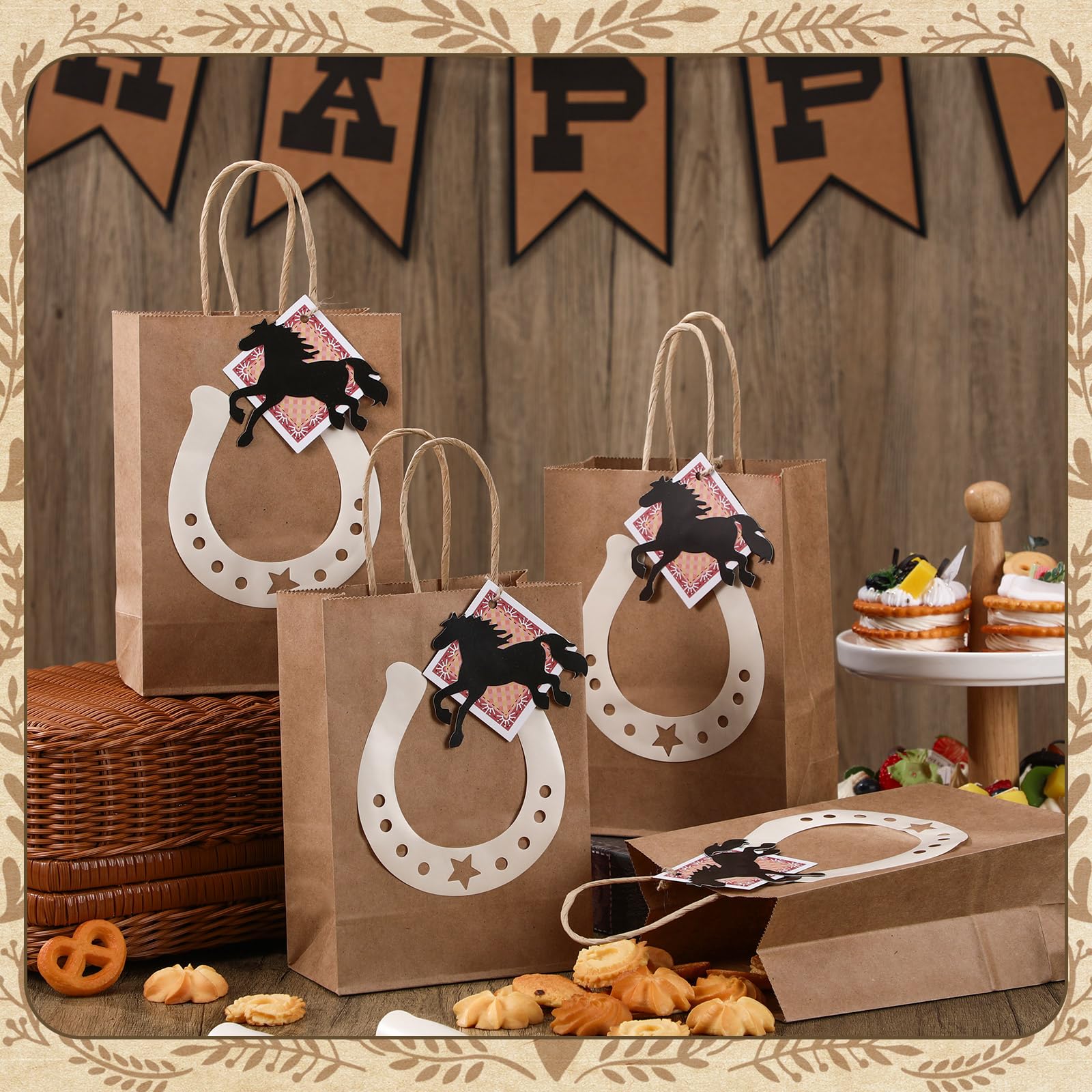 Jeere 48 Pcs Western Cowboy Gift Bags Western Theme Party Favors Cowboy Paper Goodie Handles Bags with Red and Blue Paisley Bandana Horseshoes Stickers for Rodeo Cowgirl Birthday Party Decoration