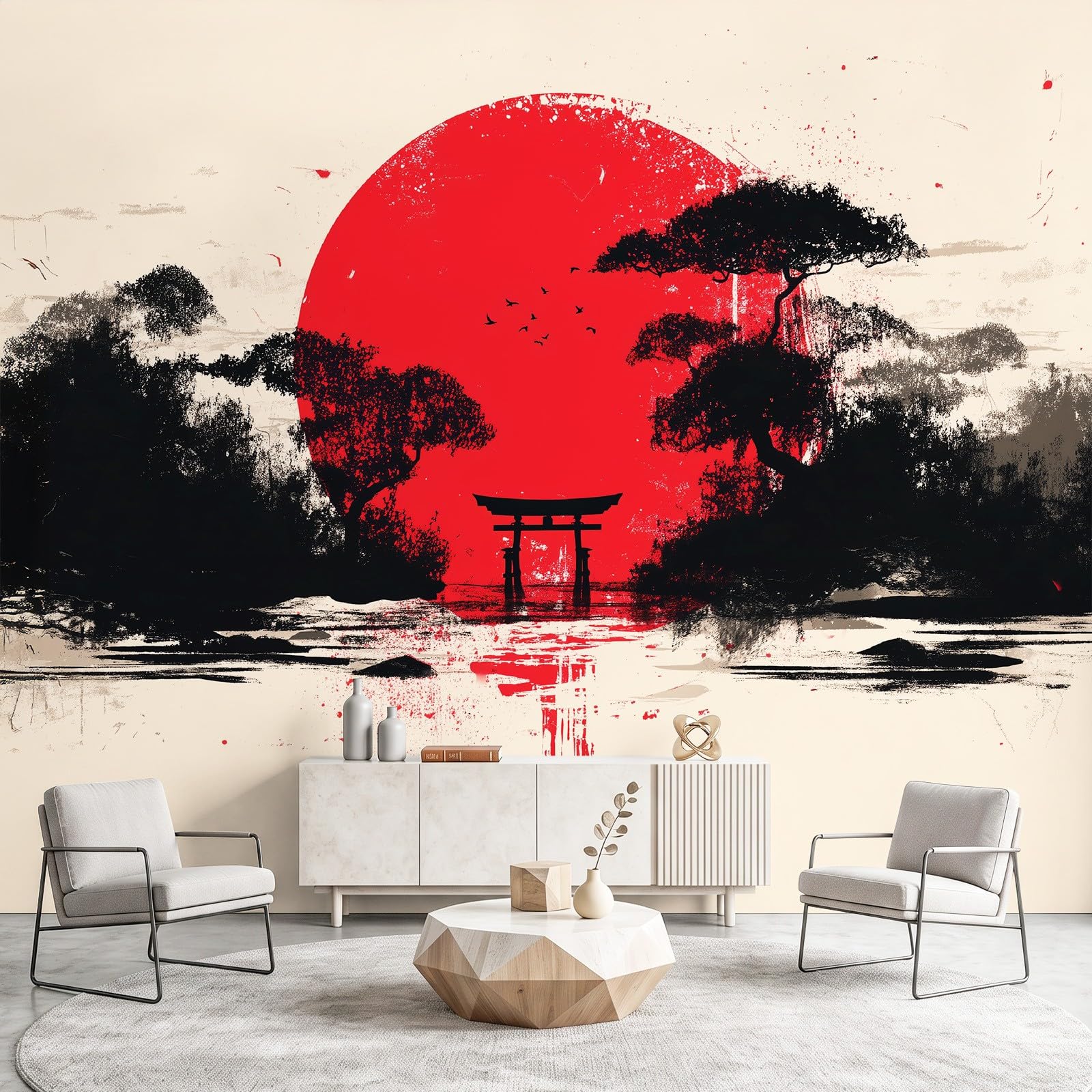 Carta da Parati Murale Panoramica Sole rosso Alberi Paesaggio montano Beige, Fotomurale in Tessuto Non Tessuto per Parete Camera Soggiorno Cameretta, Decorazione Murale 450 x 315 cm