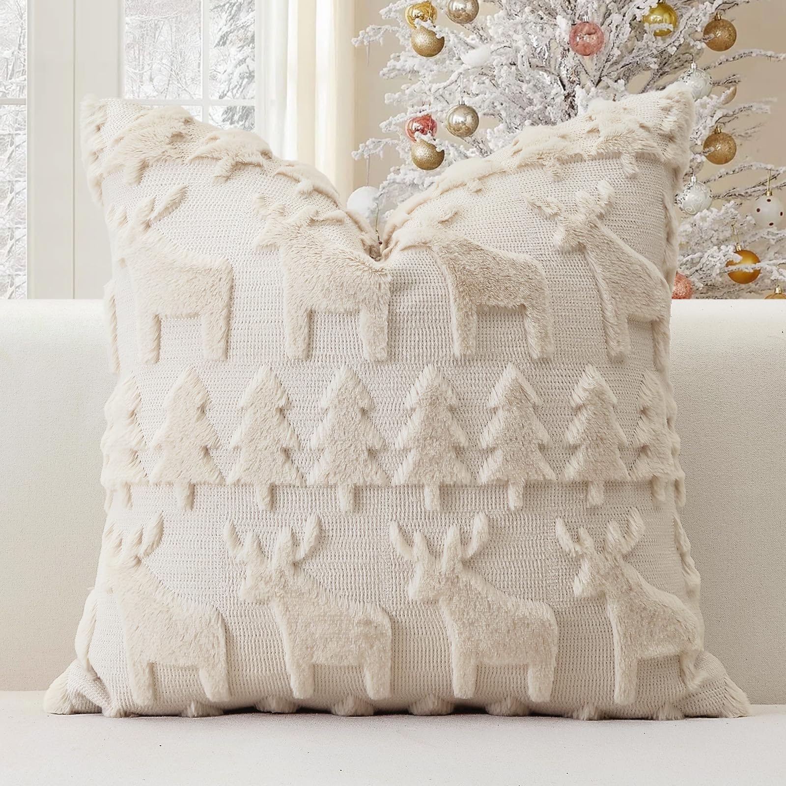 Artscope Set of 1 Xmas Soft Plush Short Wool Velvet Decorative Cushion Covers 40x40cm Square Luxury Style Throw Pillow Covers Pillow Shell for Sofa Bedroom Christmas Tree and Elk Cream Beige — image 1