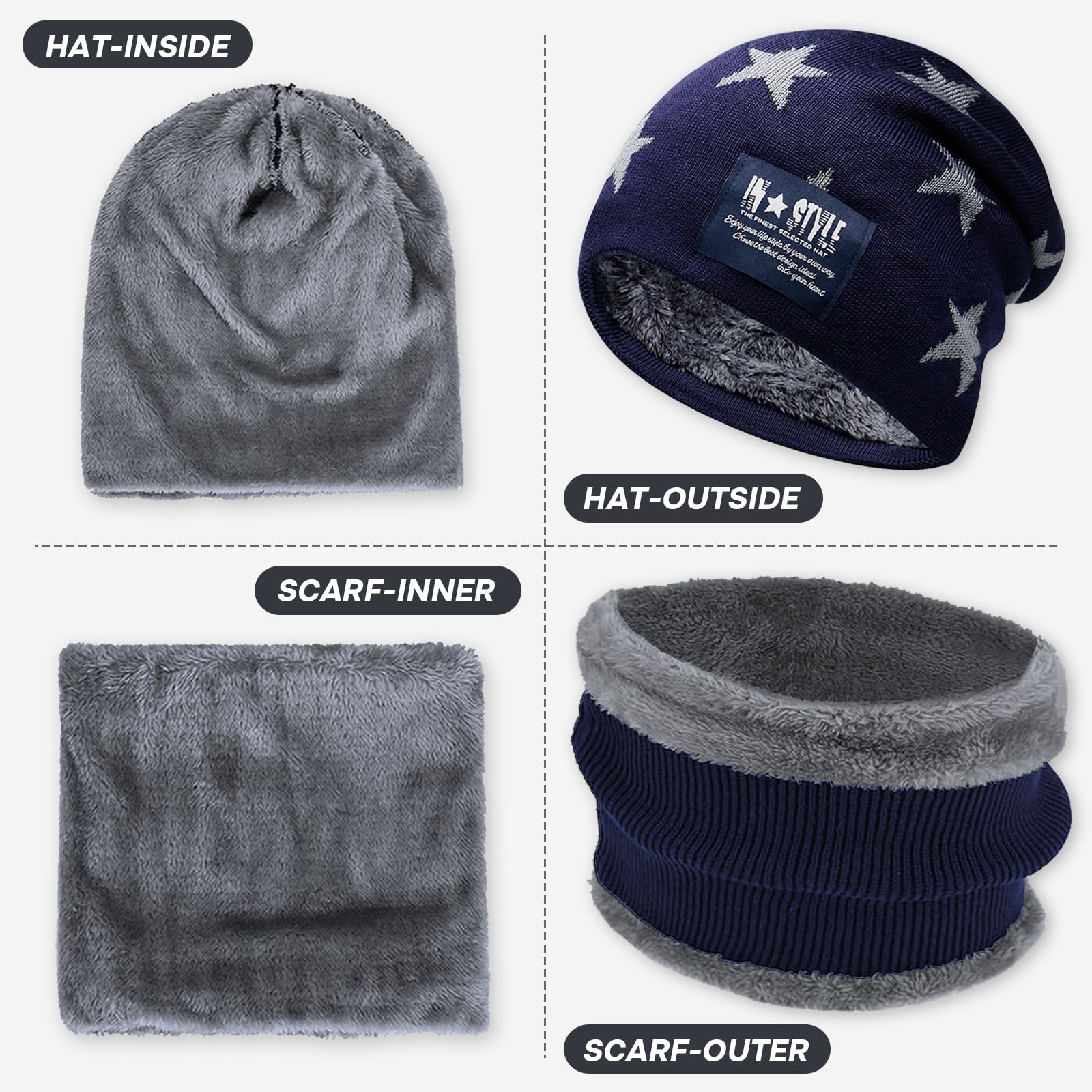 Ensemble Bonnet et Cache Cou, Tour de Cou pour Garçon Fille, Bonnet Garçon avec Snood d'hiver, Écharpe à Doublure Polaire pour Enfant (FR/ES, Alpha/lettres, L, gris)