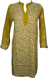 Mogul Interior Women's Long Tunic Dress Yellow Embroidered Sheer Georgette Caftan S/M