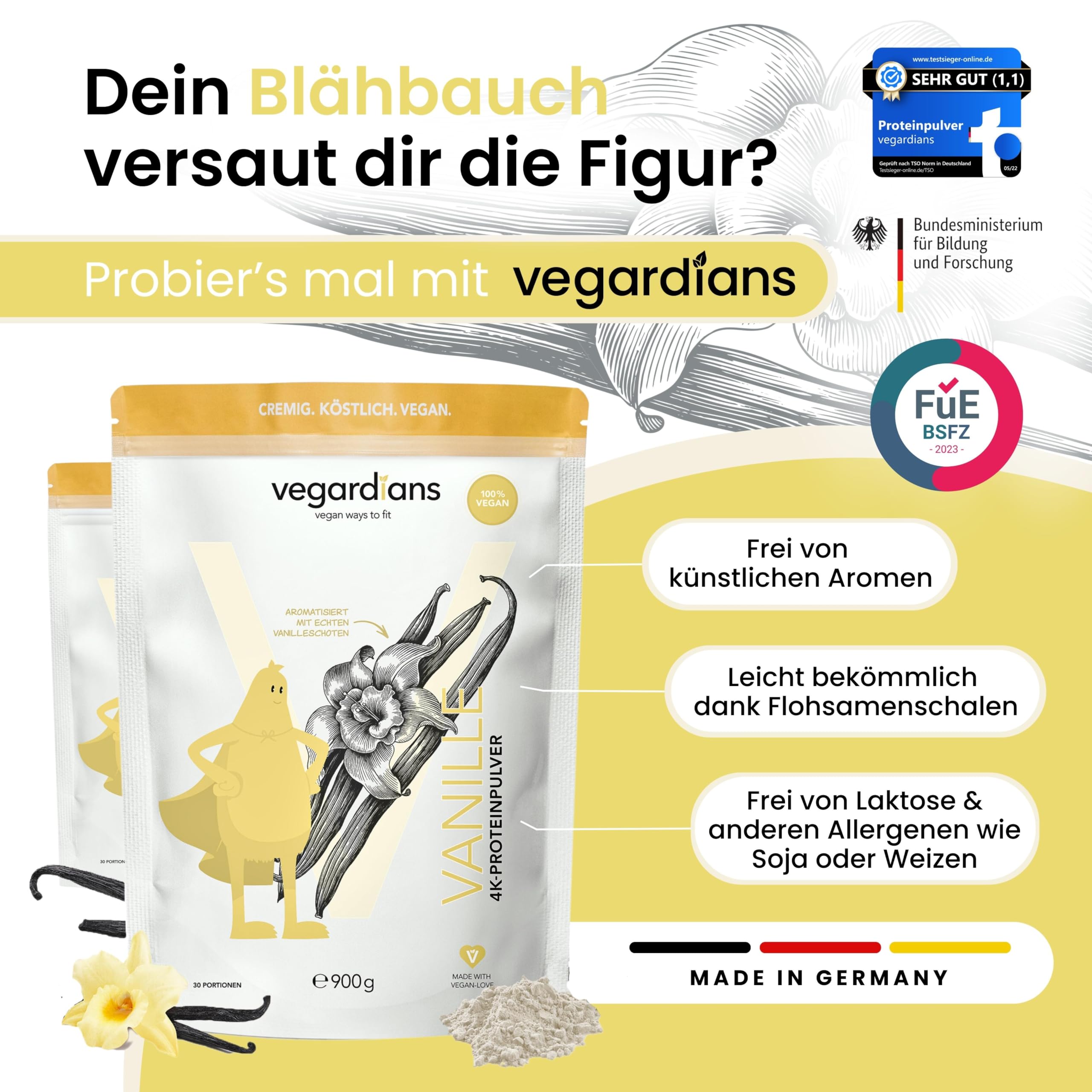 Veganes Proteinpulver Vanille 900g – Pflanzliches Eiweißpulver ohne Laktose, Gluten & künstliche Aromen. Premium-Qualität mit natürlichem Vanillegeschmack