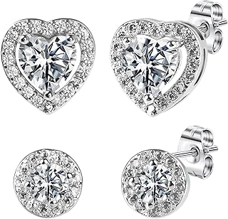 Ailvor Silver Stud Earrings for Women, 2 Pairs Silver Earrings, Heart Round Hypoallergenic Earrings for Women Men Girls Cartilage Sleeper Earrings